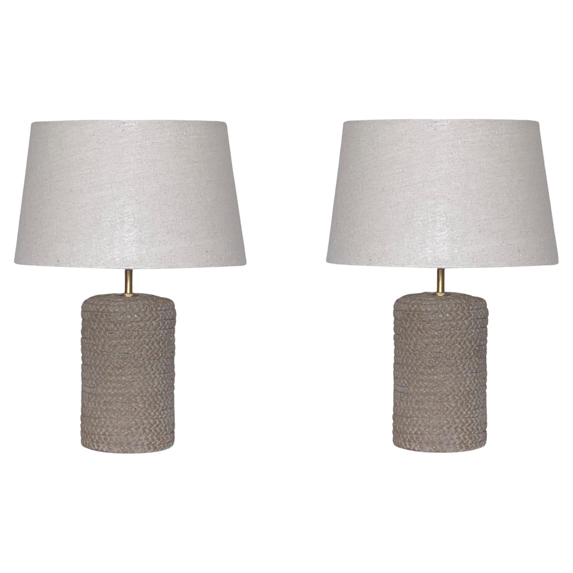 Pair of Scandinavian Ceramic Table Lamps, 1960s, Linen Shades For Sale