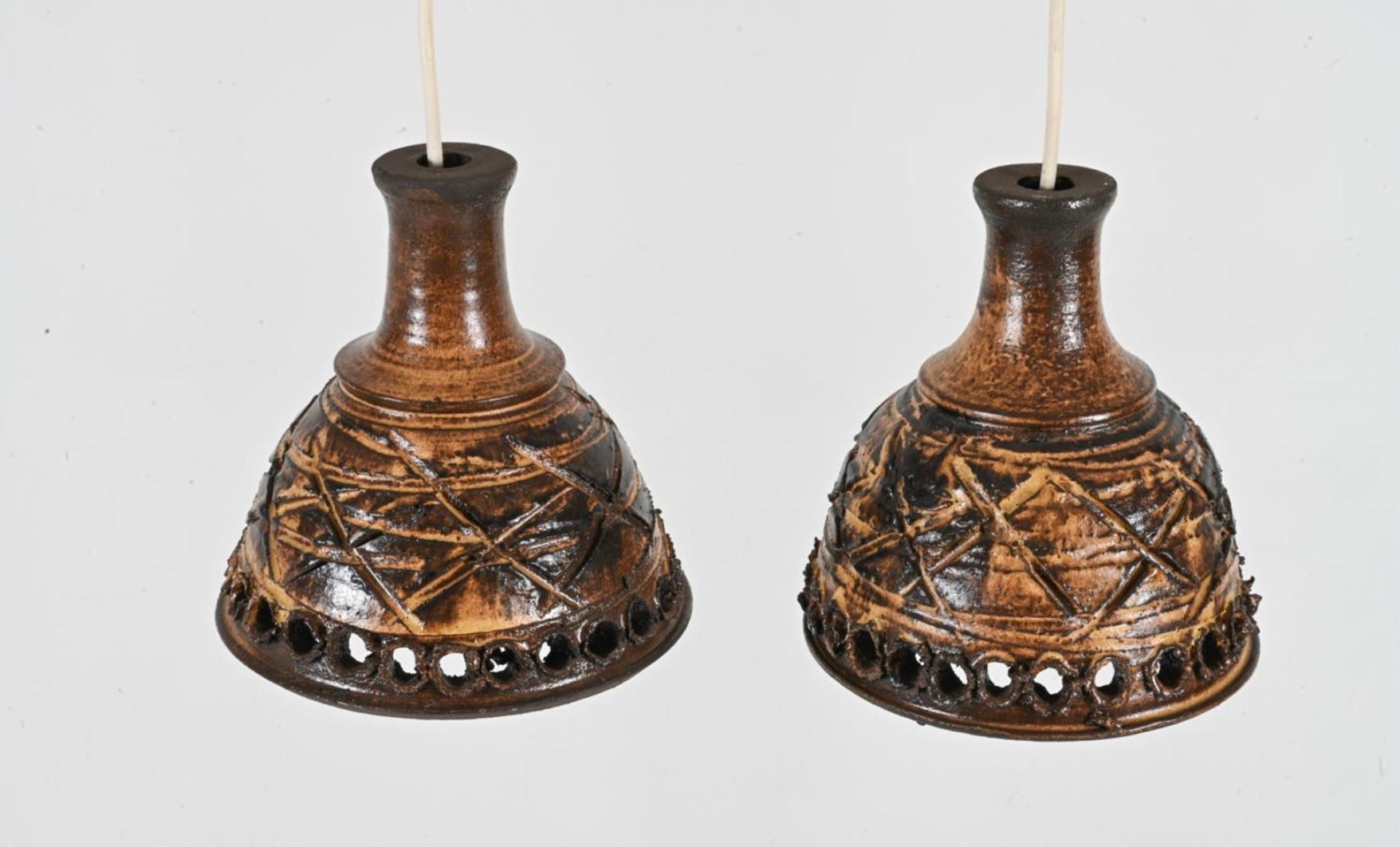 Scandinavian Modern Pair of Scandinavian Danish modern ceramic glazed hanging pendant lights For Sale