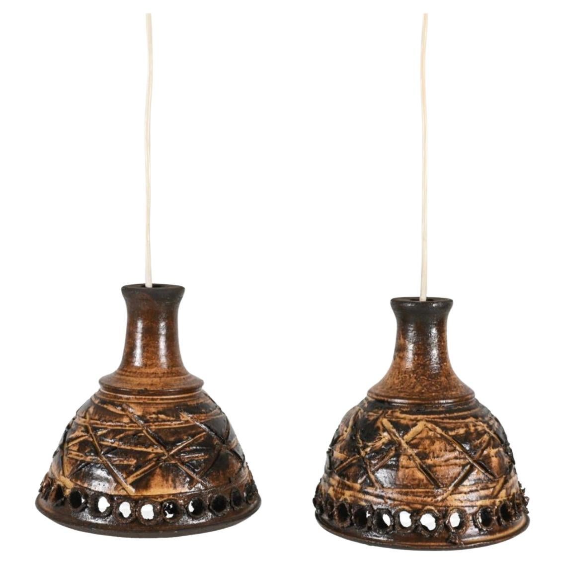 Pair of Scandinavian Danish modern ceramic glazed hanging pendant lights For Sale
