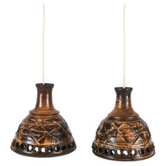 Vintage Pair of Scandinavian Danish modern ceramic glazed hanging pendant lights