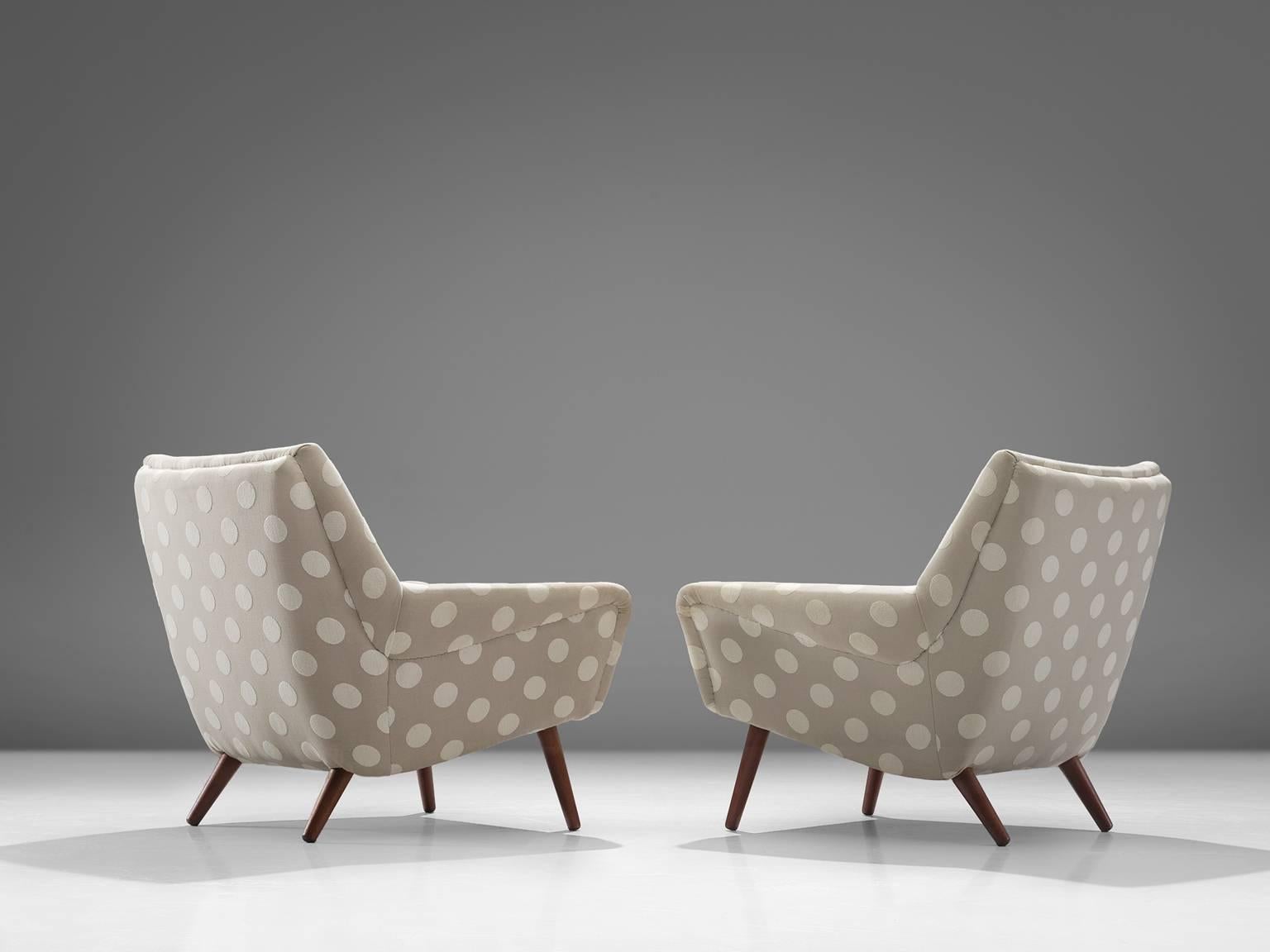 Fabric Danish Pair of Easy Chairs in Grey and White Polkadot Upholstery For Sale