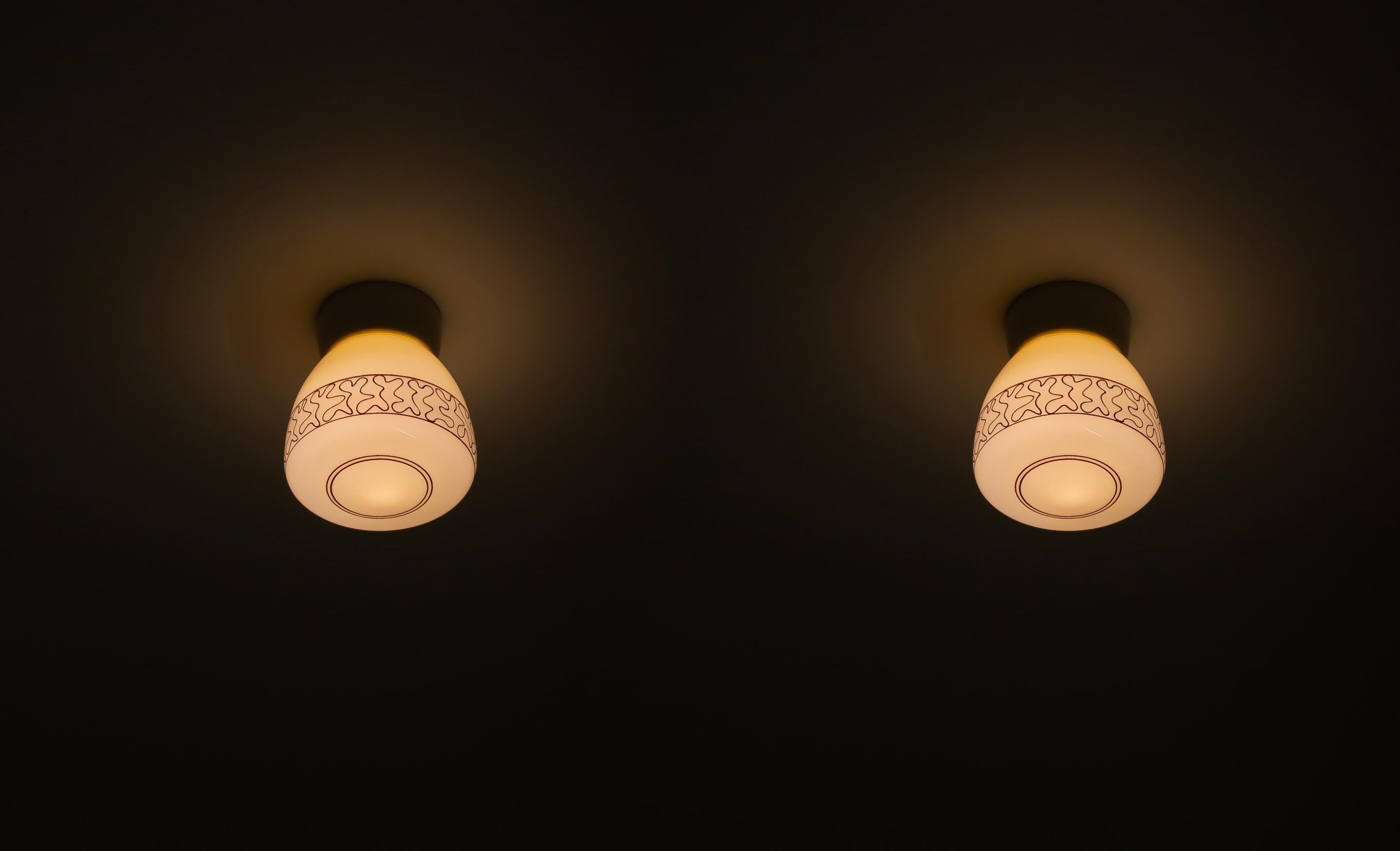Porcelain Pair of Scandinavian Flush Mount Ceiling Lamps, 1950s