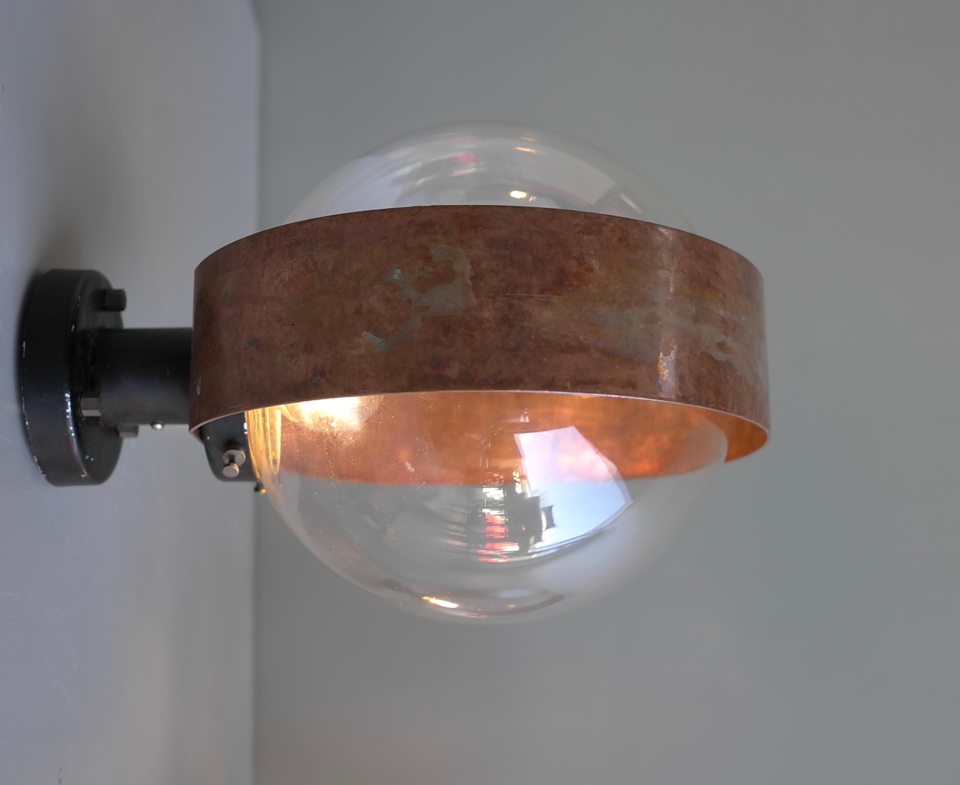 Pair of Scandinavian Glass Ball Wall lamps with Copper Patina Rims, 1960's For Sale 4