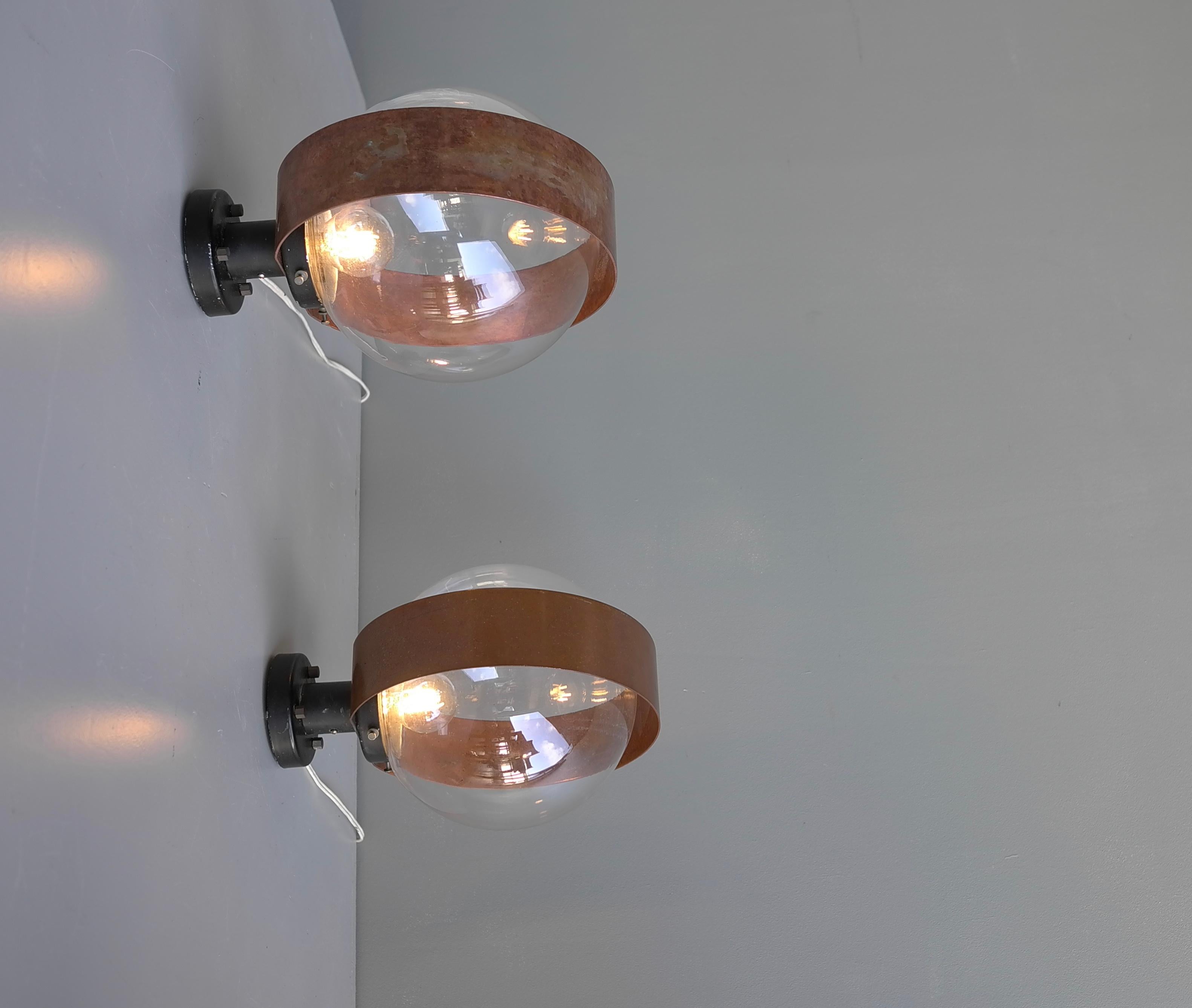 Pair of Scandinavian Glass Ball Wall lamps with Copper Patina Rims, 1960's For Sale 5