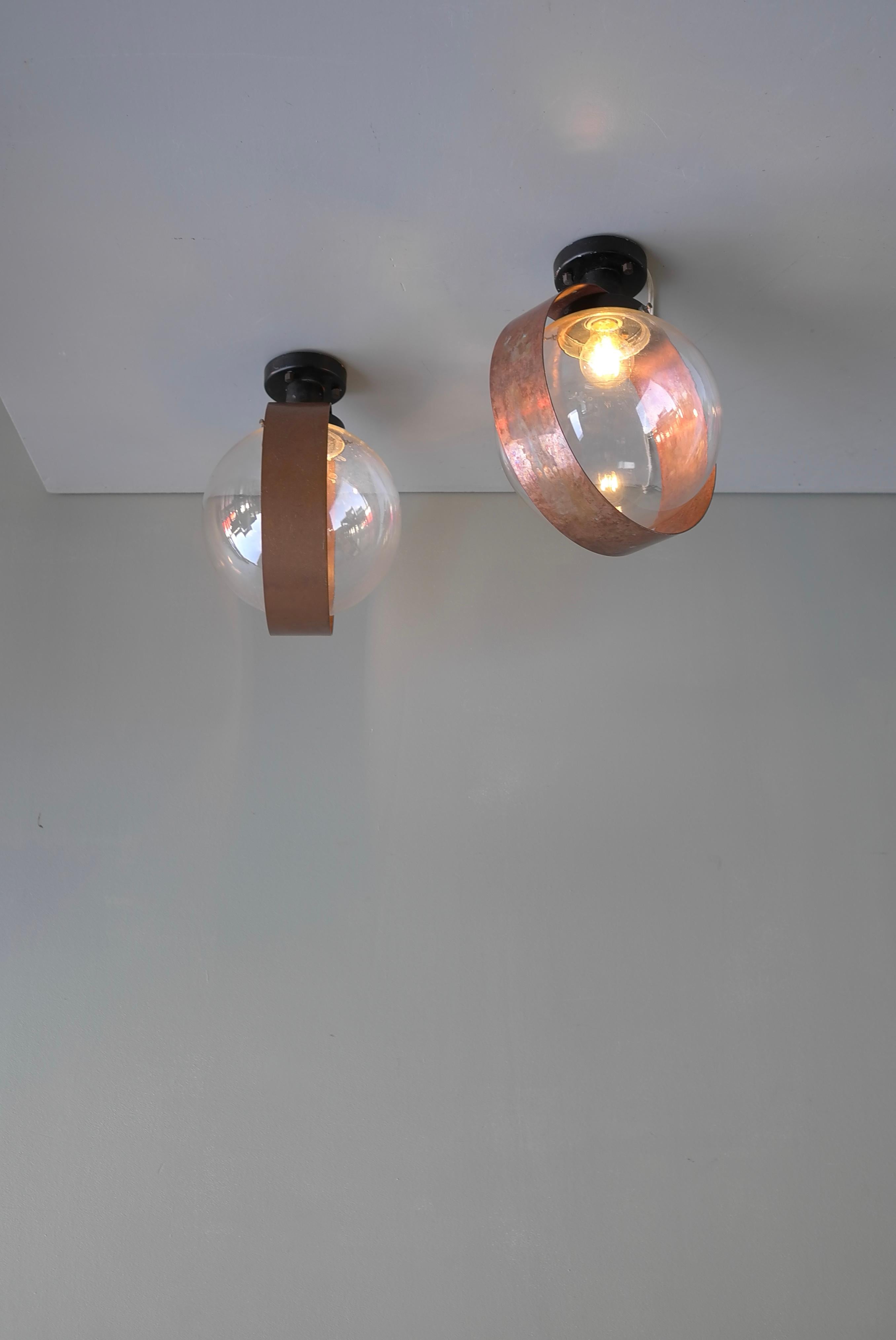 Pair of Scandinavian Glass Ball Wall lamps with Copper Patina Rims, 1960's For Sale 6
