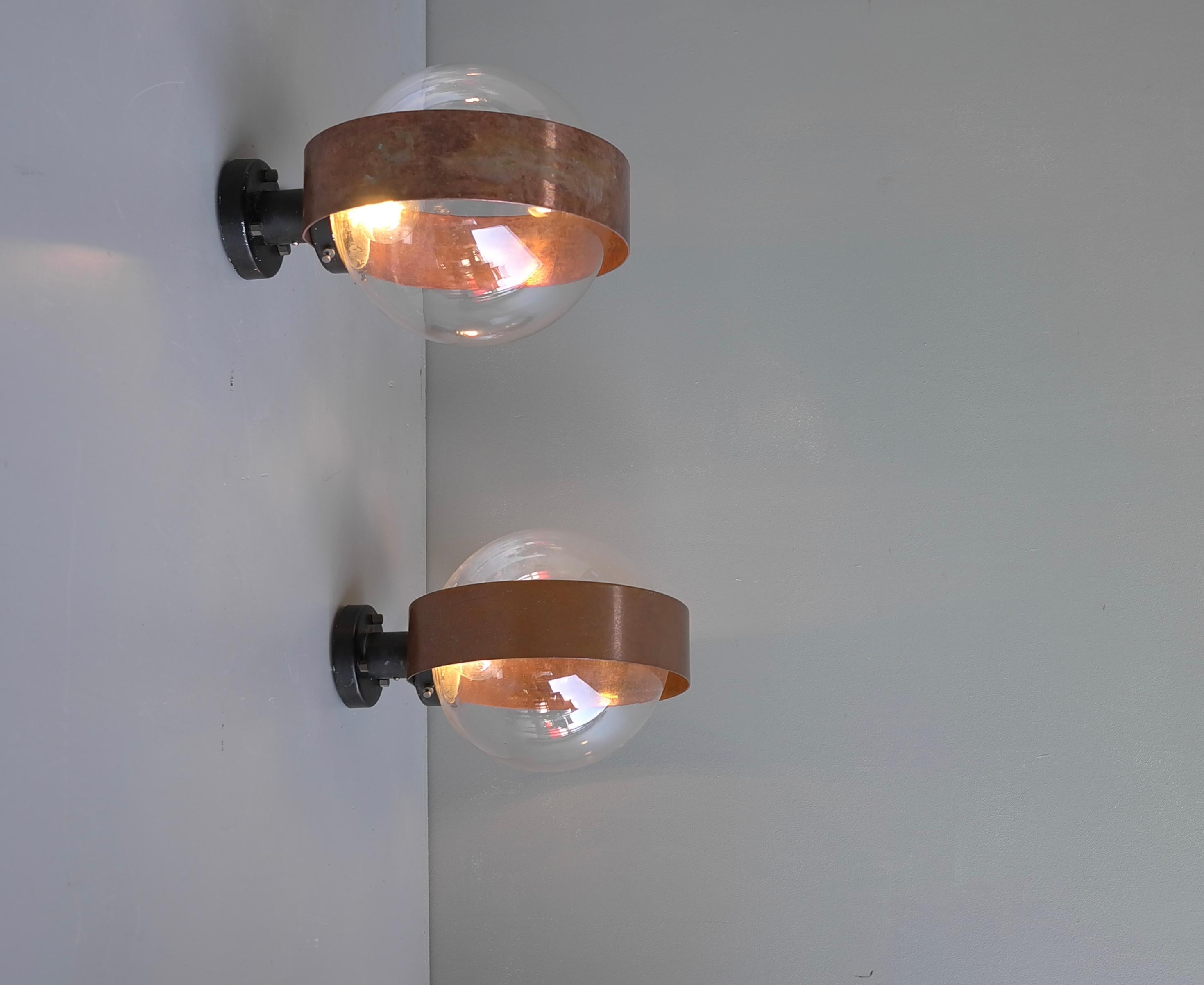 Pair of Scandinavian Glass Ball Wall lamps with Copper Patina Rims, 1960's For Sale 7