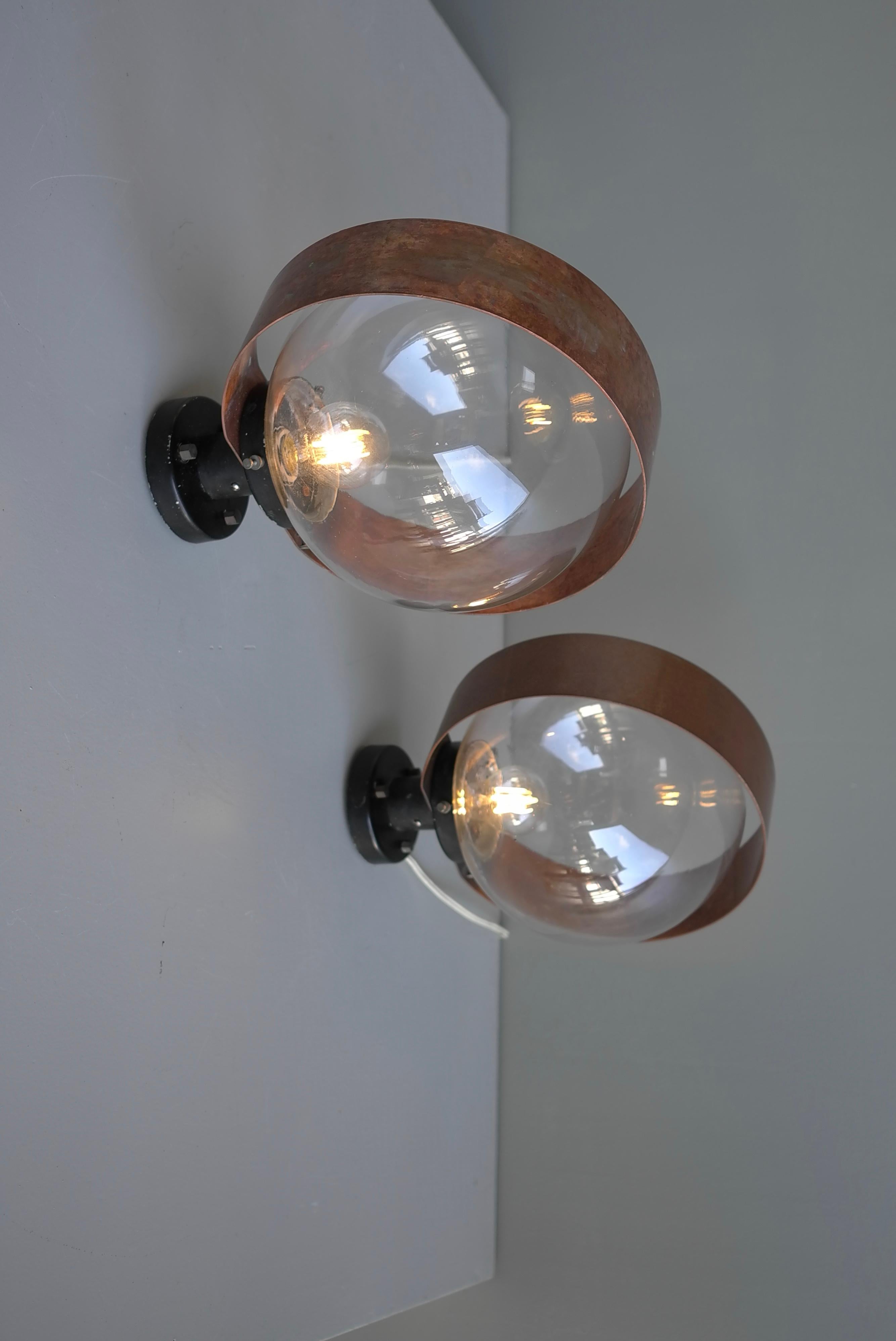 Pair of Scandinavian Glass Ball Wall lamps with Copper Patina Rims, 1960's For Sale 8