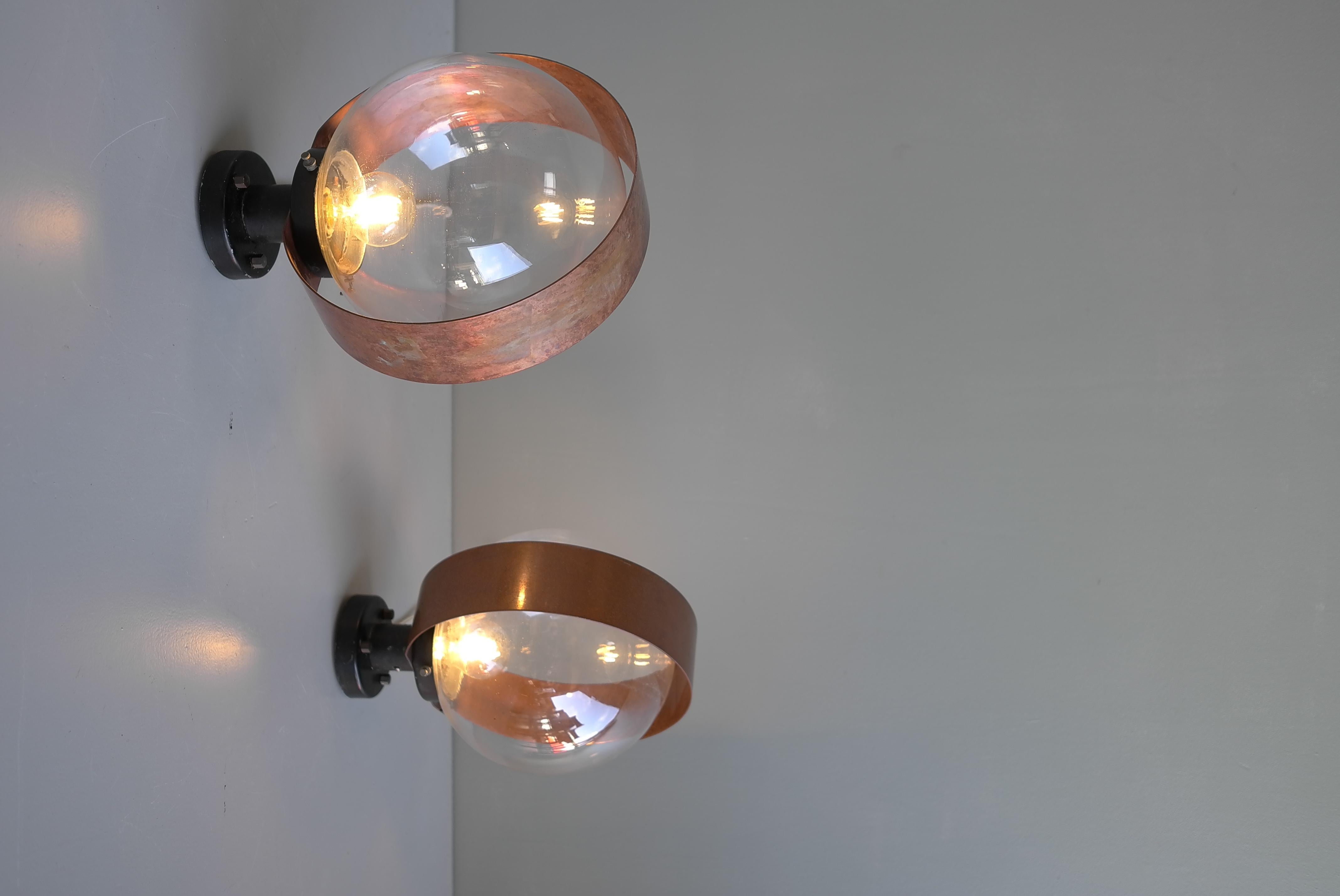 Pair of Scandinavian Glass Ball Wall lamps with Copper Patina Rims, 1960's For Sale 9