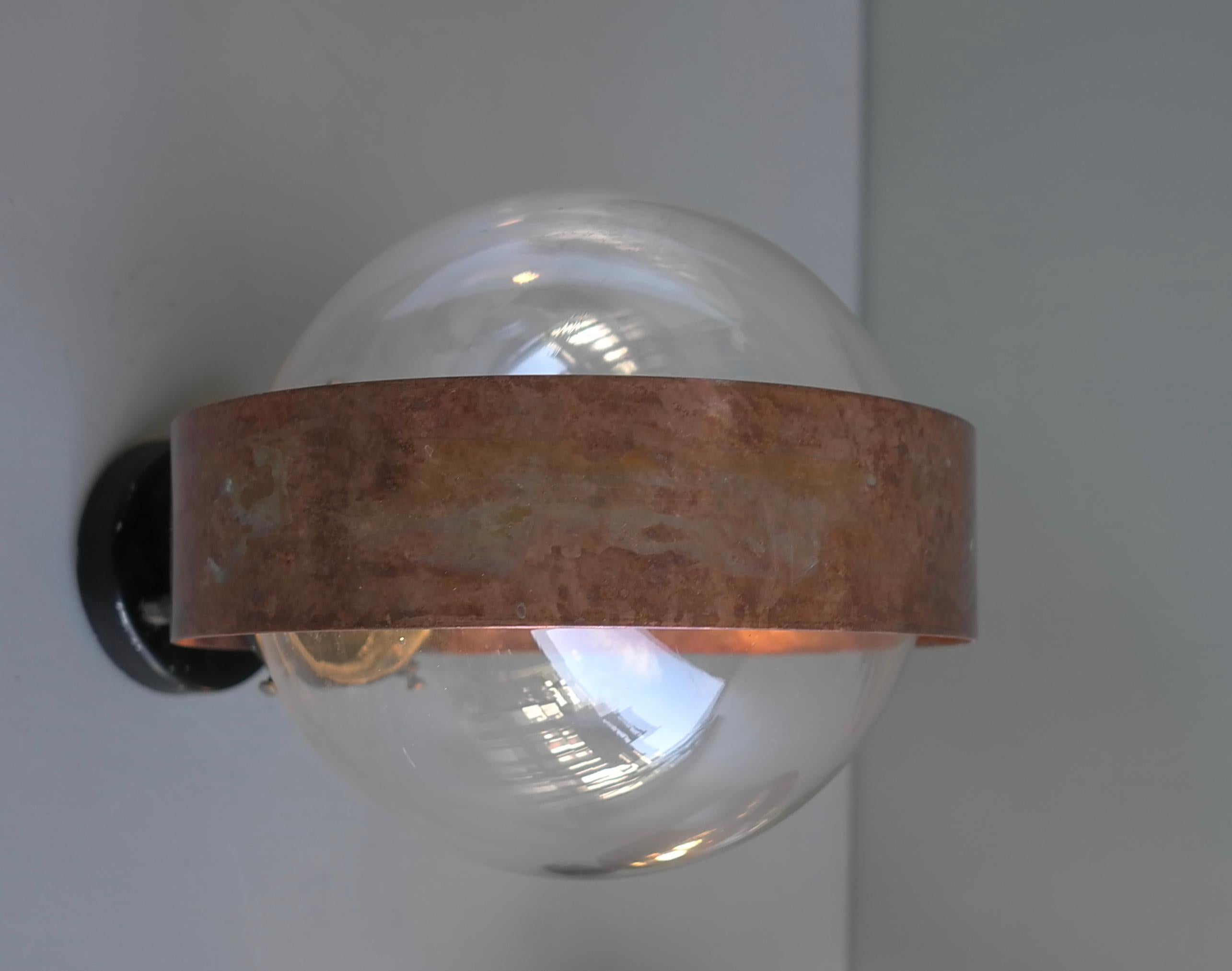 Pair of Scandinavian Glass Ball Wall lamps with Copper Patina Rims, 1960's For Sale 10