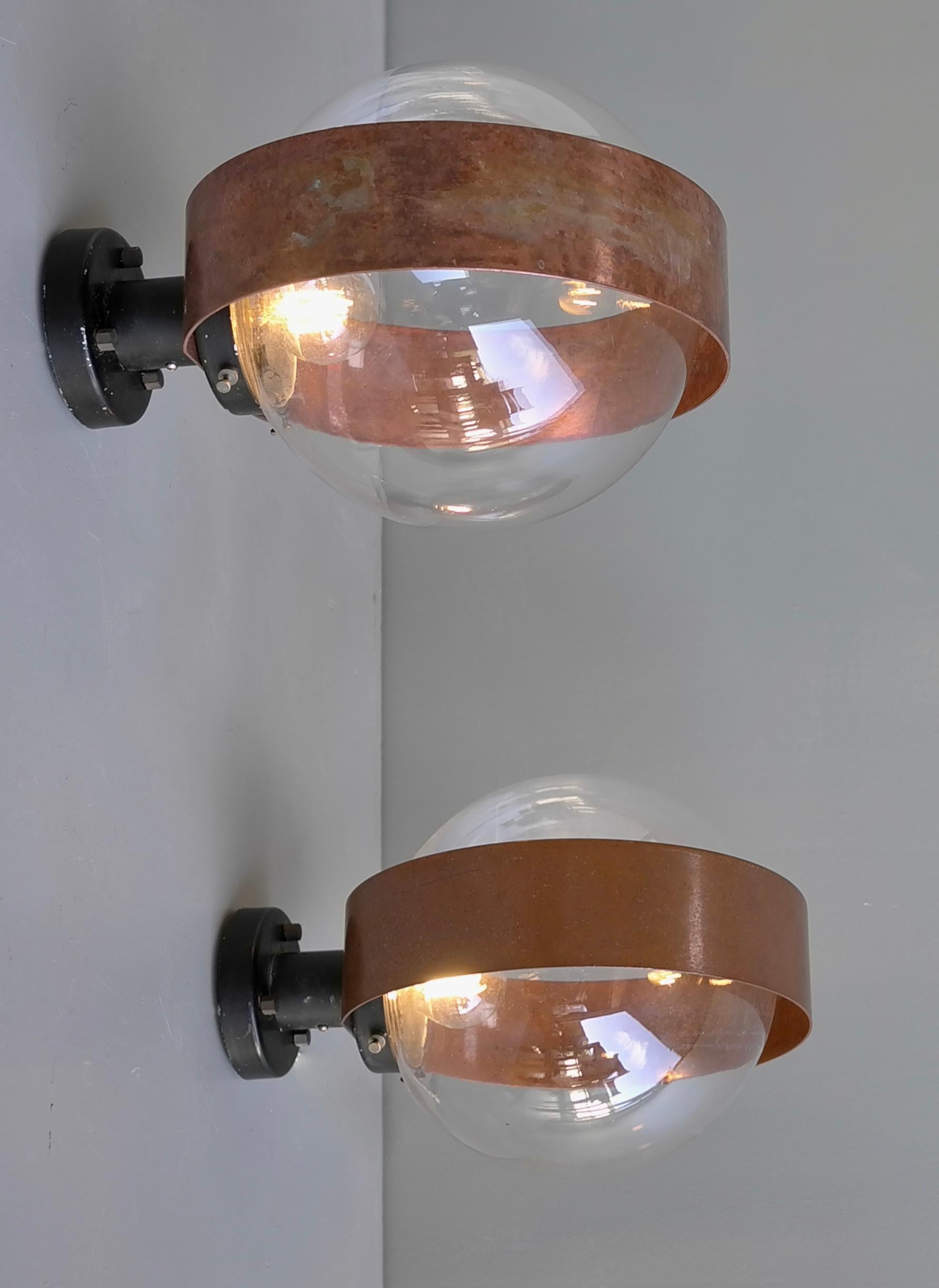 Pair of Scandinavian Glass Ball Wall lamps with Copper Patina Rims, 1960's For Sale 11