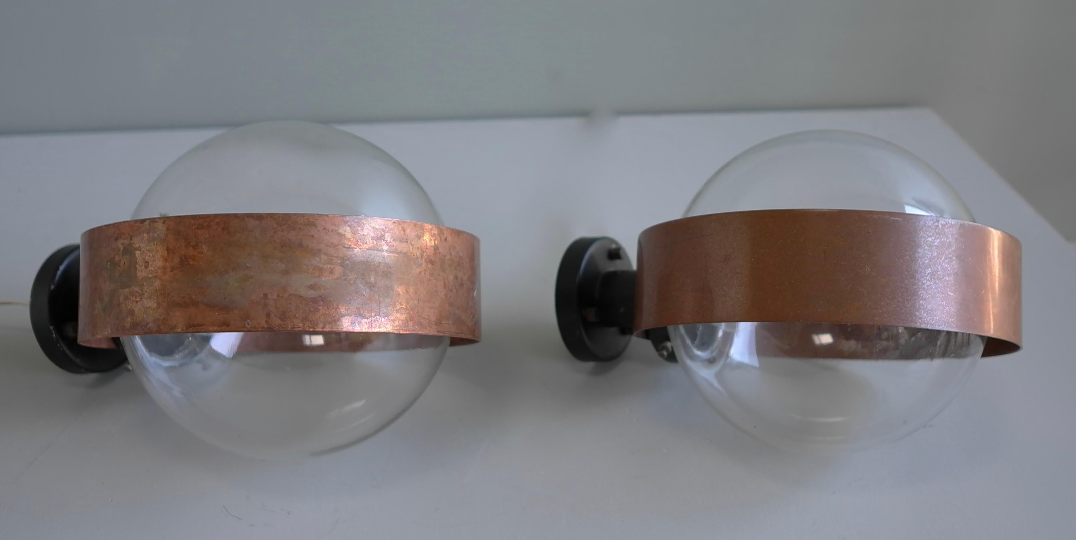Pair of Scandinavian Glass Ball Wall lamps with Copper Patina Rims, 1960's For Sale 12