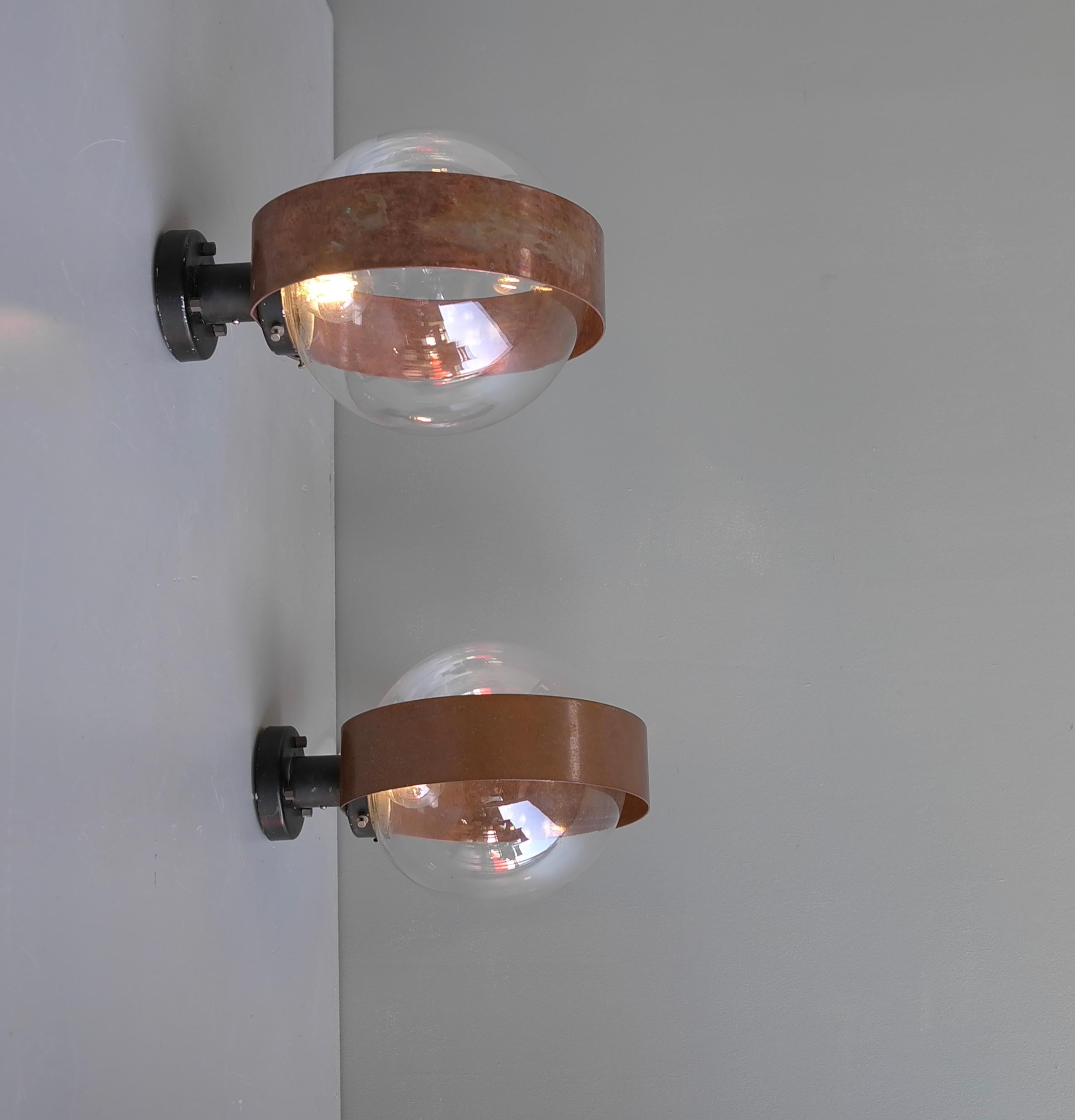 Pair of Scandinavian Glass Ball Wall lamps with Copper Patina Rims, 1960's For Sale 13