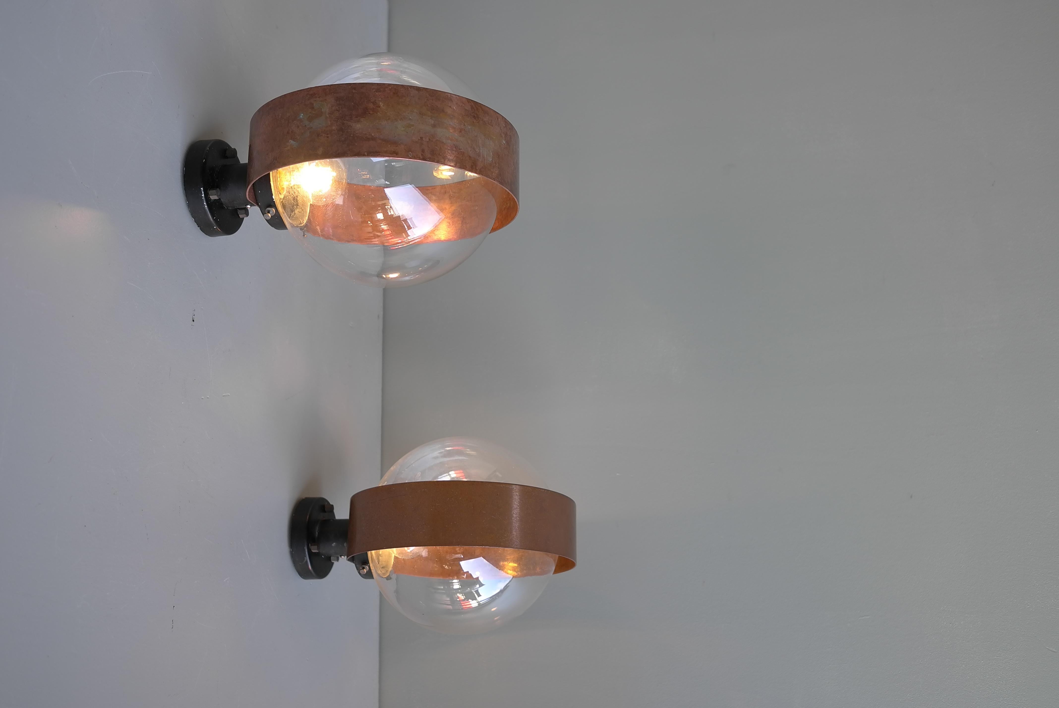 Pair of Scandinavian Glass Ball Wall lamps with Copper Patina Rims, 1960's For Sale 14