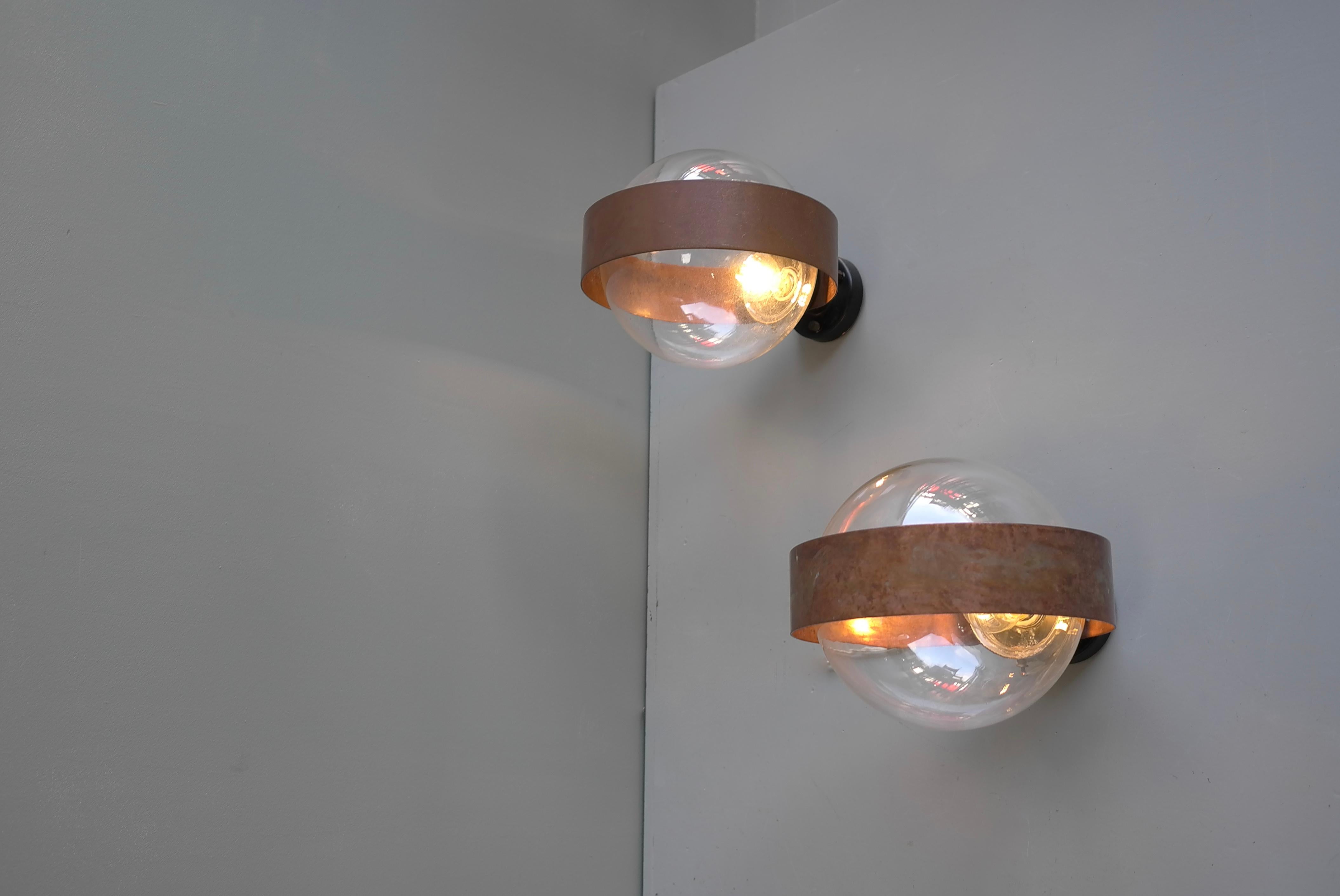 Mid-Century Modern Pair of Scandinavian Glass Ball Wall lamps with Copper Patina Rims, 1960's For Sale