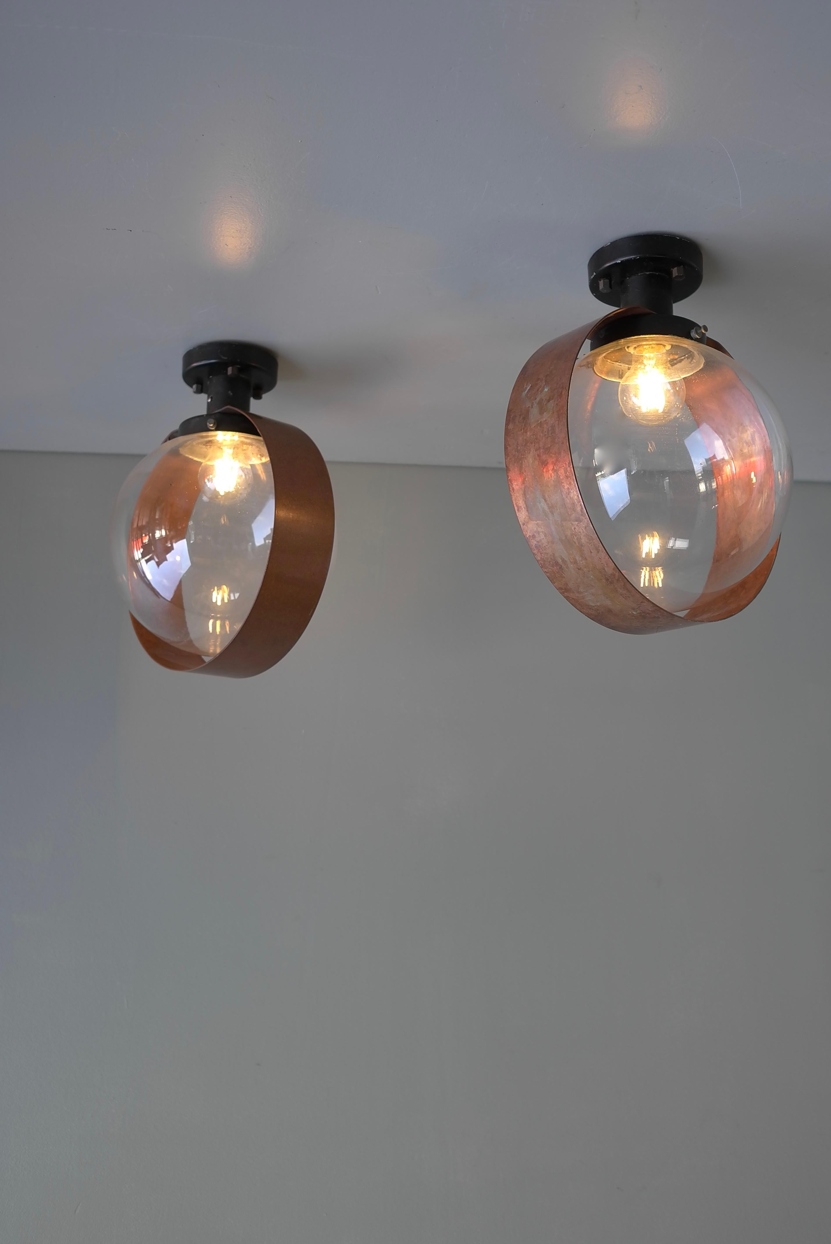 Mid-20th Century Pair of Scandinavian Glass Ball Wall lamps with Copper Patina Rims, 1960's For Sale