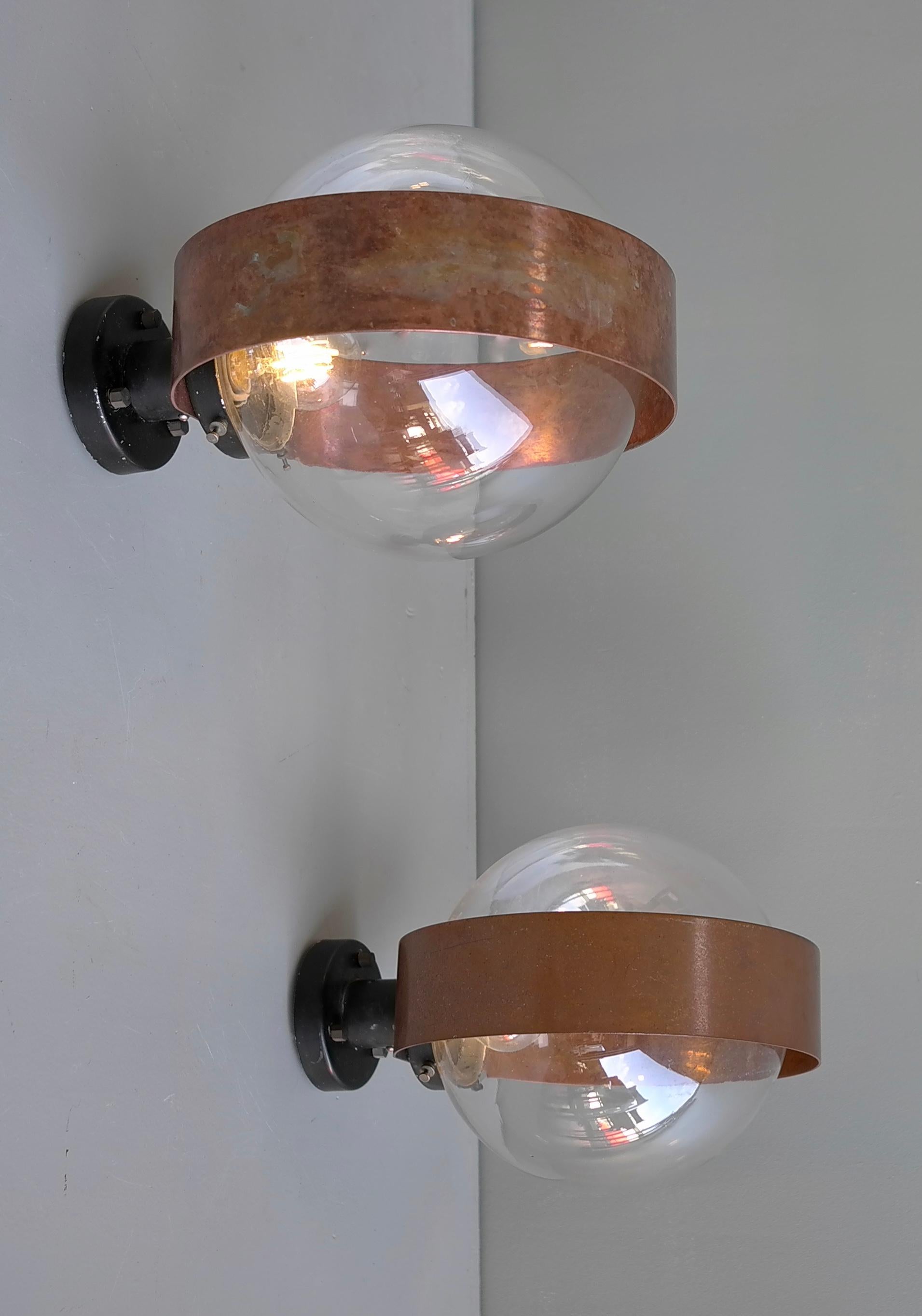Metal Pair of Scandinavian Glass Ball Wall lamps with Copper Patina Rims, 1960's For Sale