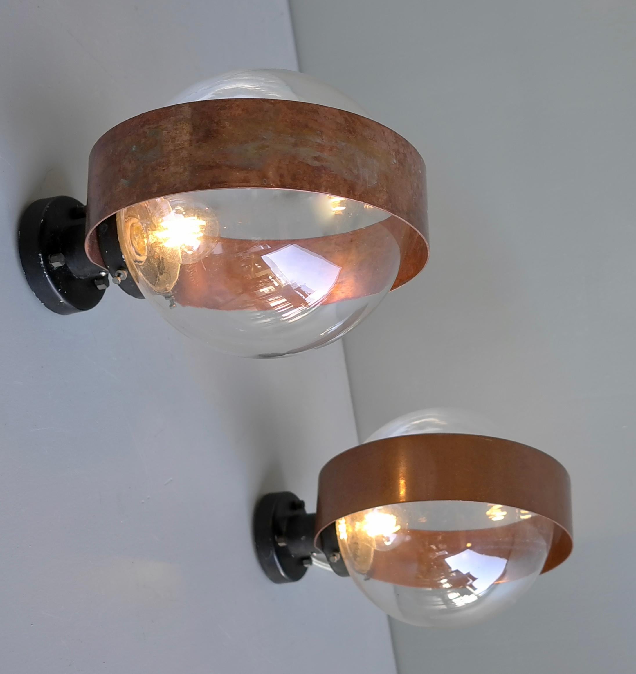 Pair of Scandinavian Glass Ball Wall lamps with Copper Patina Rims, 1960's For Sale 1