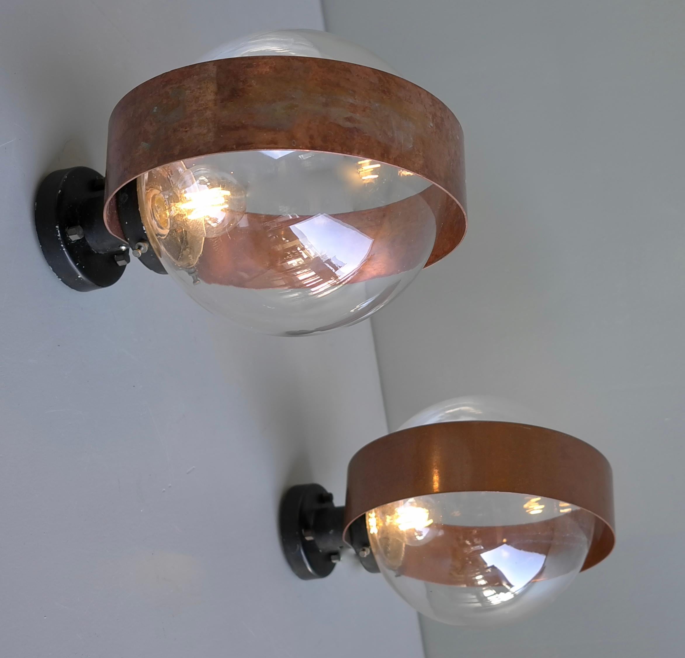 Pair of Scandinavian Glass Ball Wall lamps with Copper Patina Rims, 1960's For Sale 2