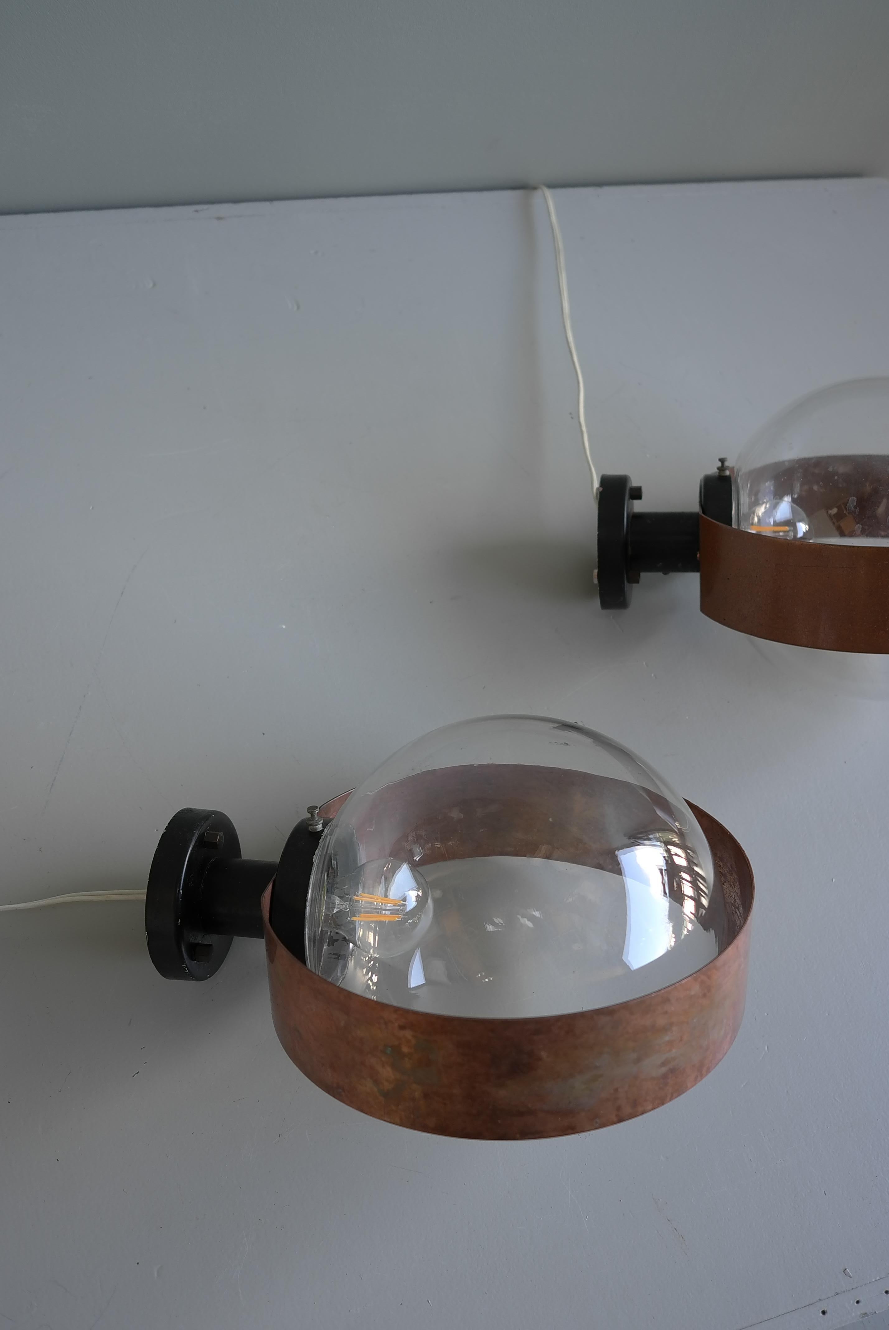 Pair of Scandinavian Glass Ball Wall lamps with Copper Patina Rims, 1960's For Sale 3