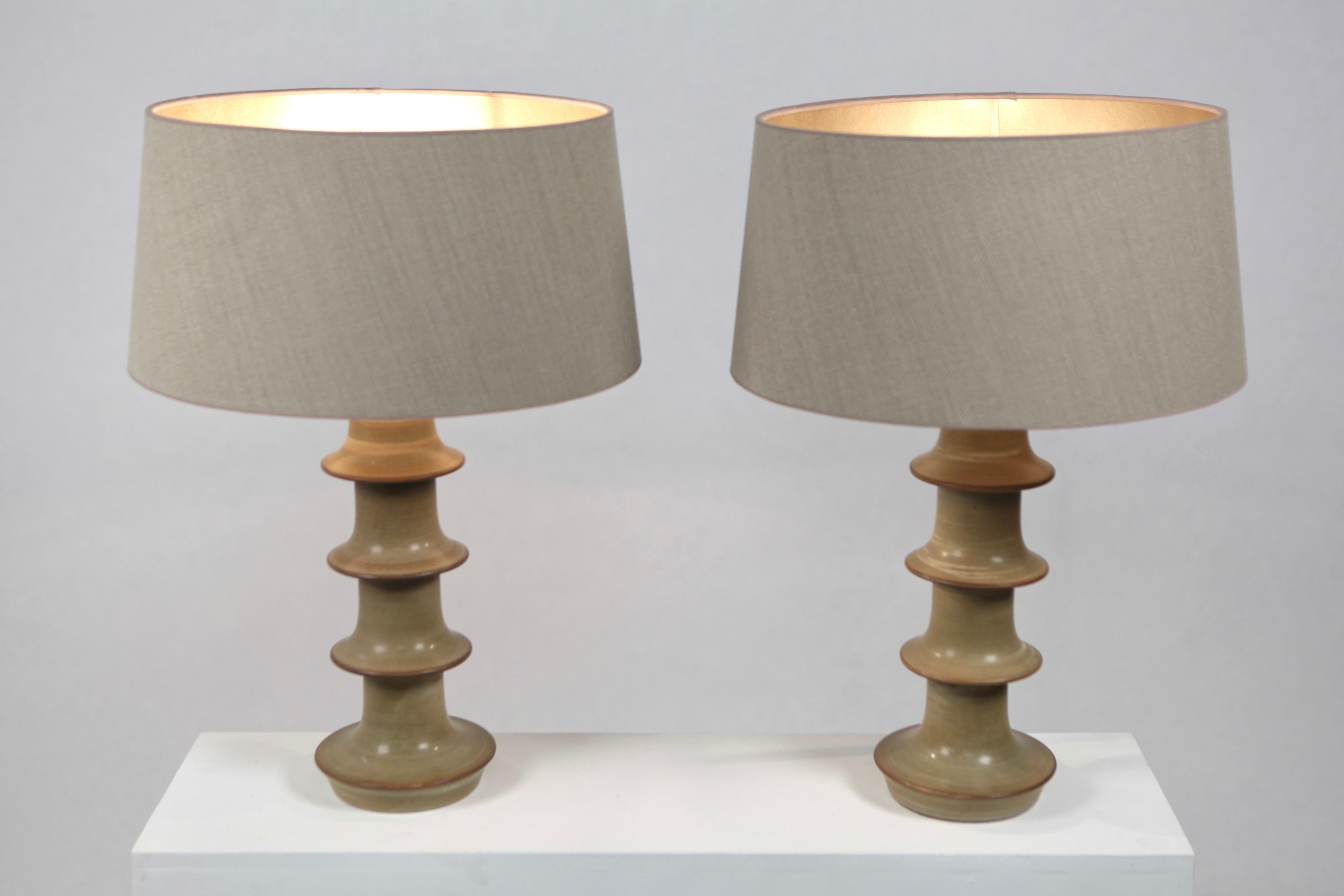 Swedish Pair of Scandinavian Green Glazed Stoneware Table-Lamps, Sweden, 1960s