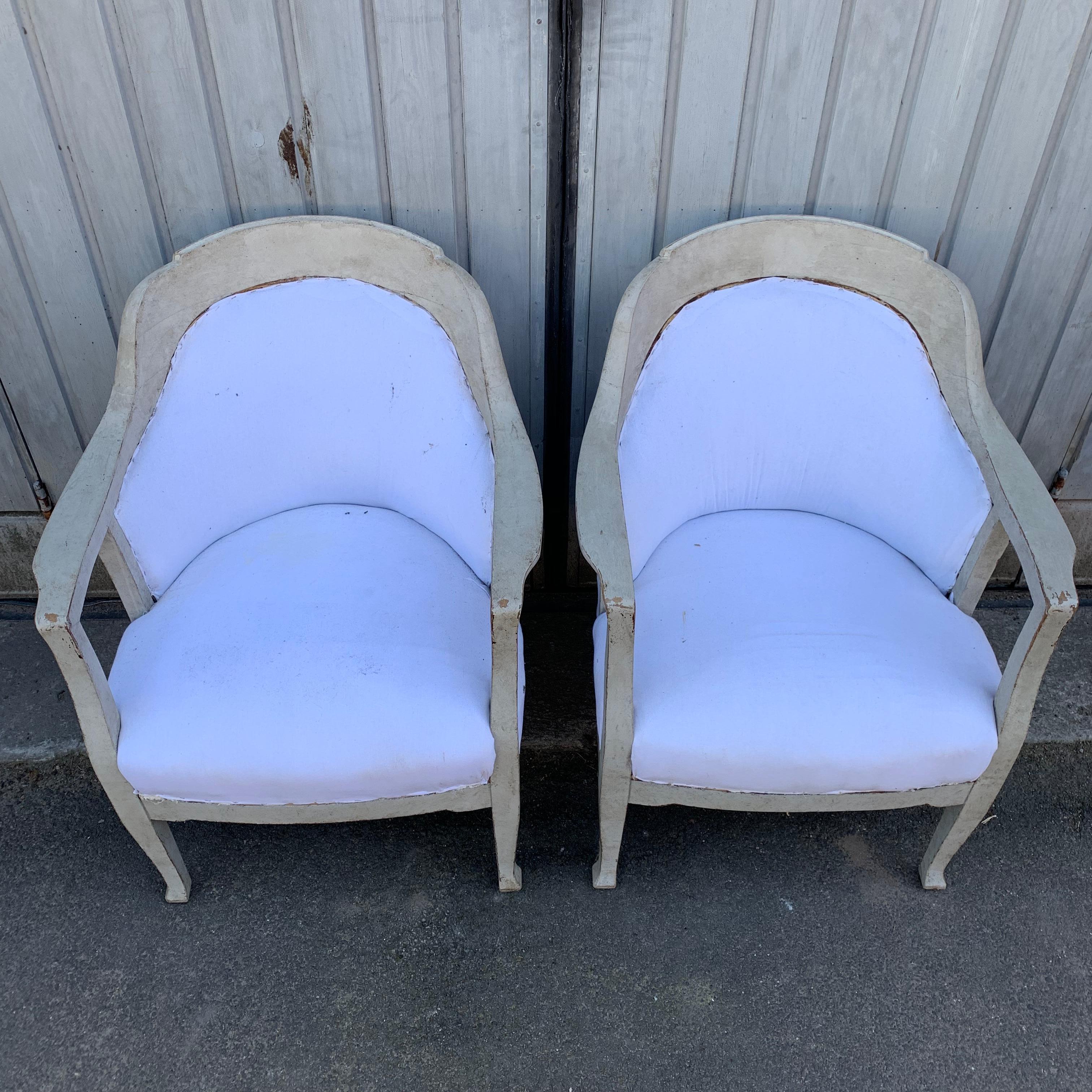 Pair of Scandinavian Gustavian Style Gray Painted Armchairs 11