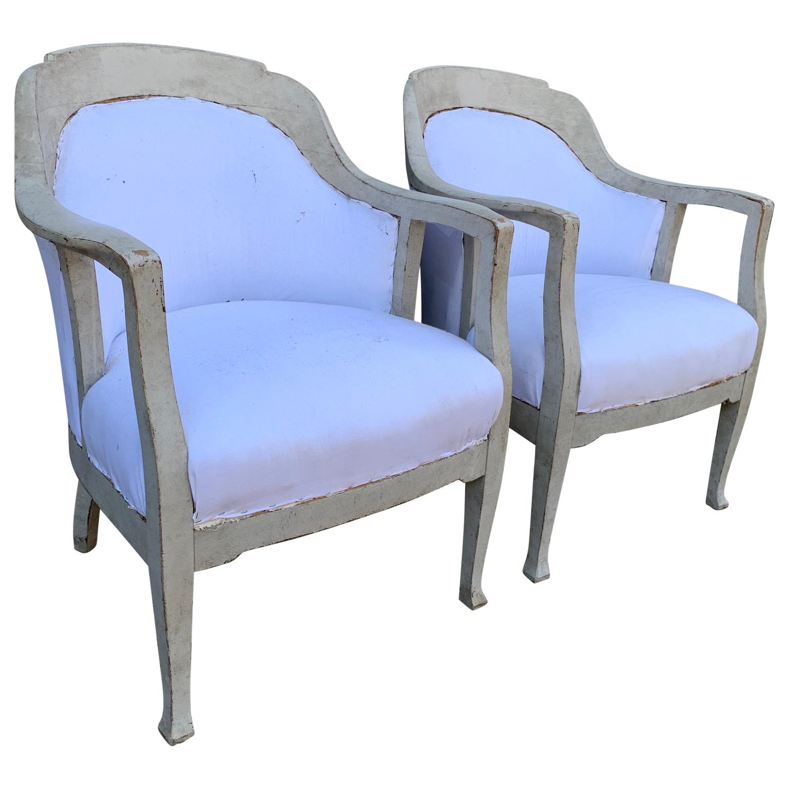 Hand-Painted Pair of Scandinavian Gustavian Style Gray Painted Armchairs