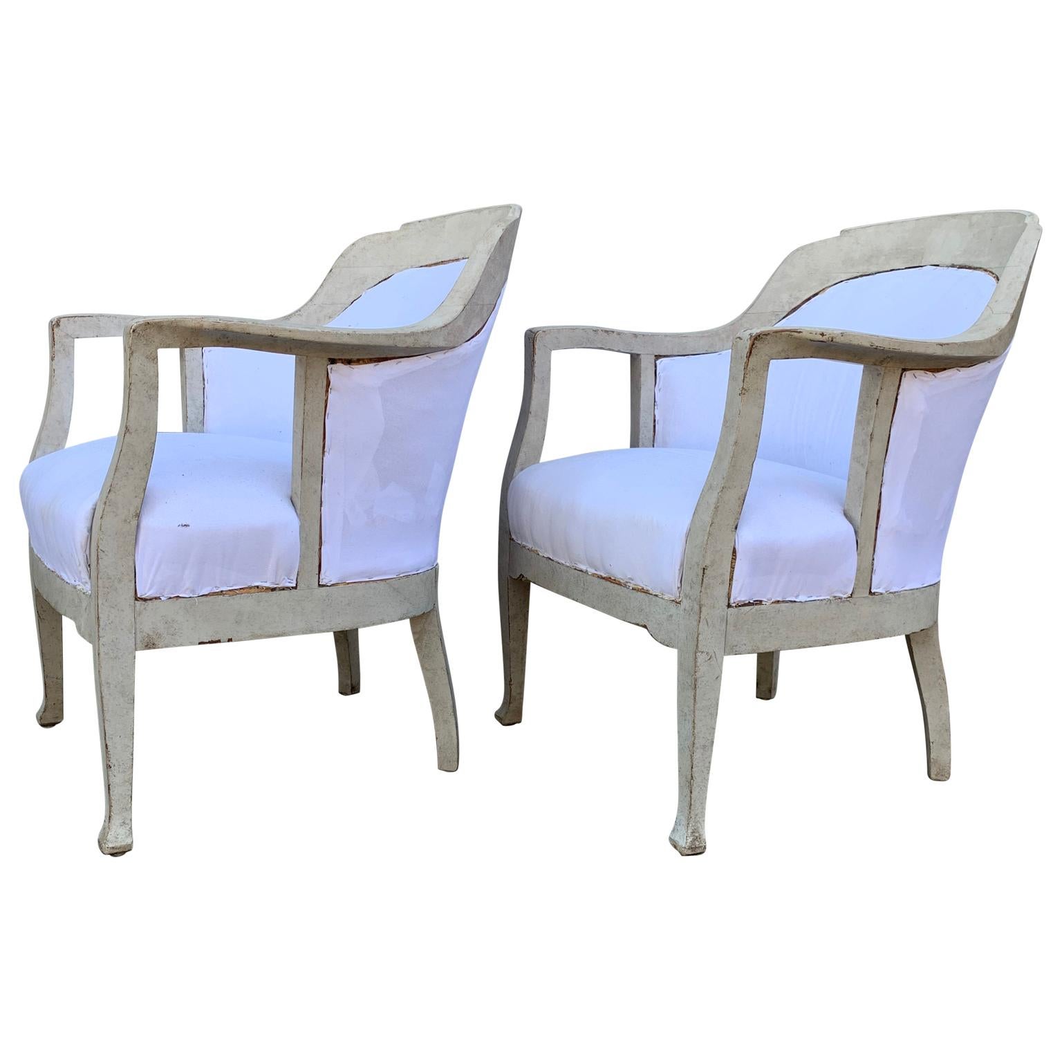 Pair of Scandinavian Gustavian Style Gray Painted Armchairs In Good Condition In Haddonfield, NJ