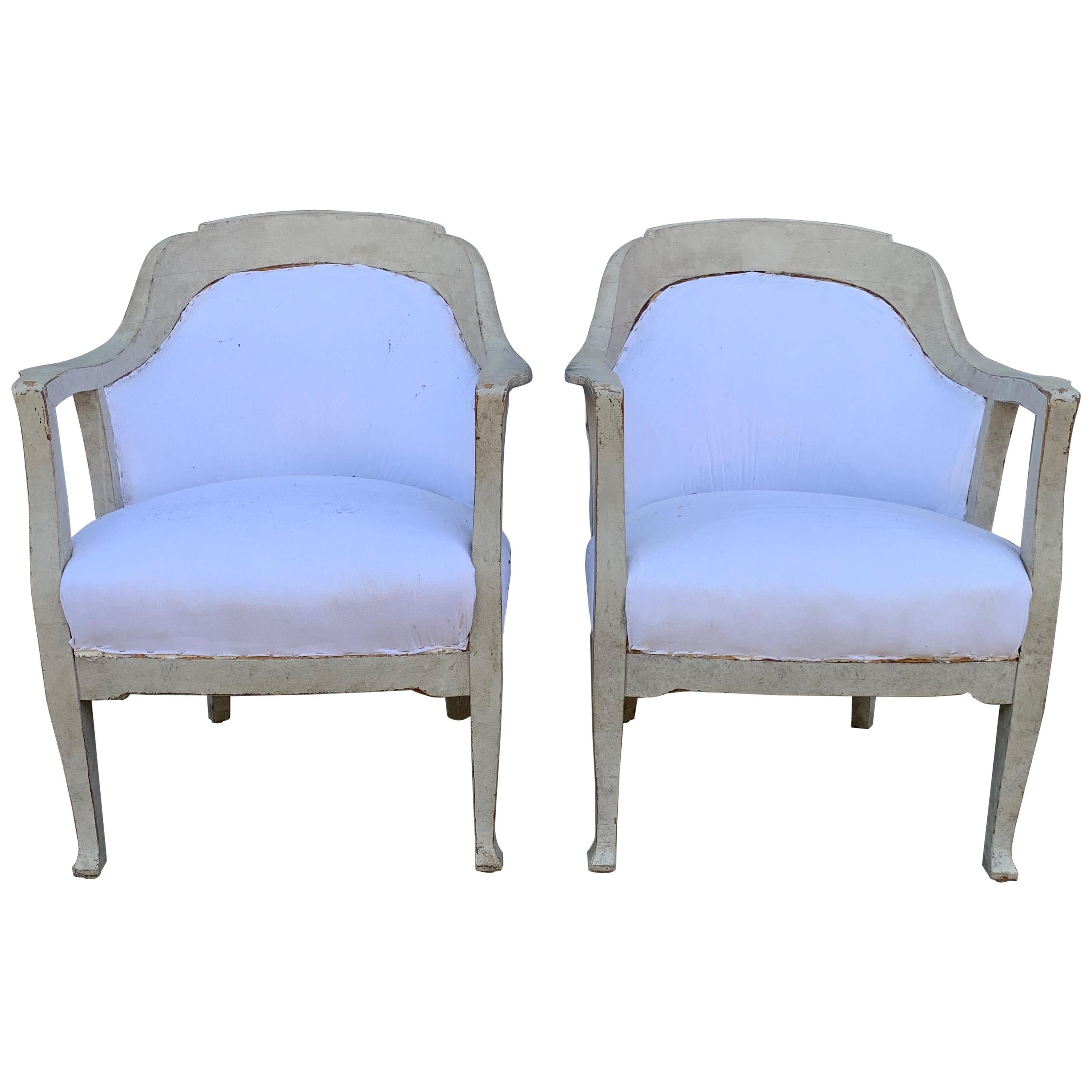 Pair of Scandinavian Gustavian Style Gray Painted Armchairs