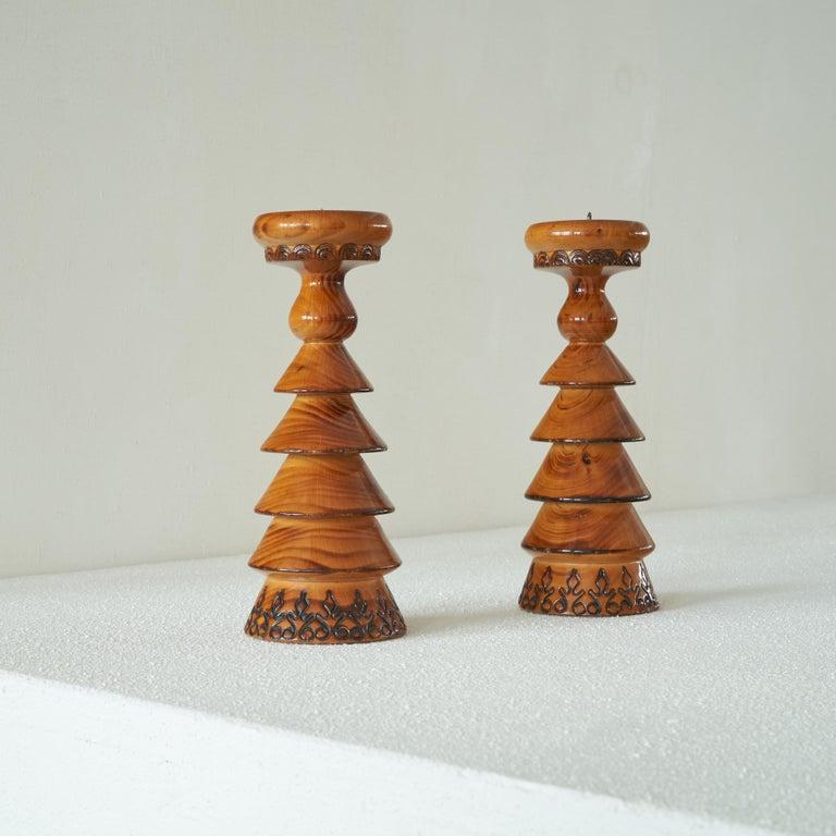 Mid-Century Modern Pair of Scandinavian Lacquered Wood Candlesticks For Sale