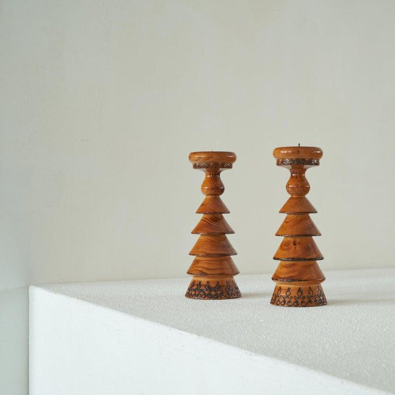 20th Century Pair of Scandinavian Lacquered Wood Candlesticks For Sale