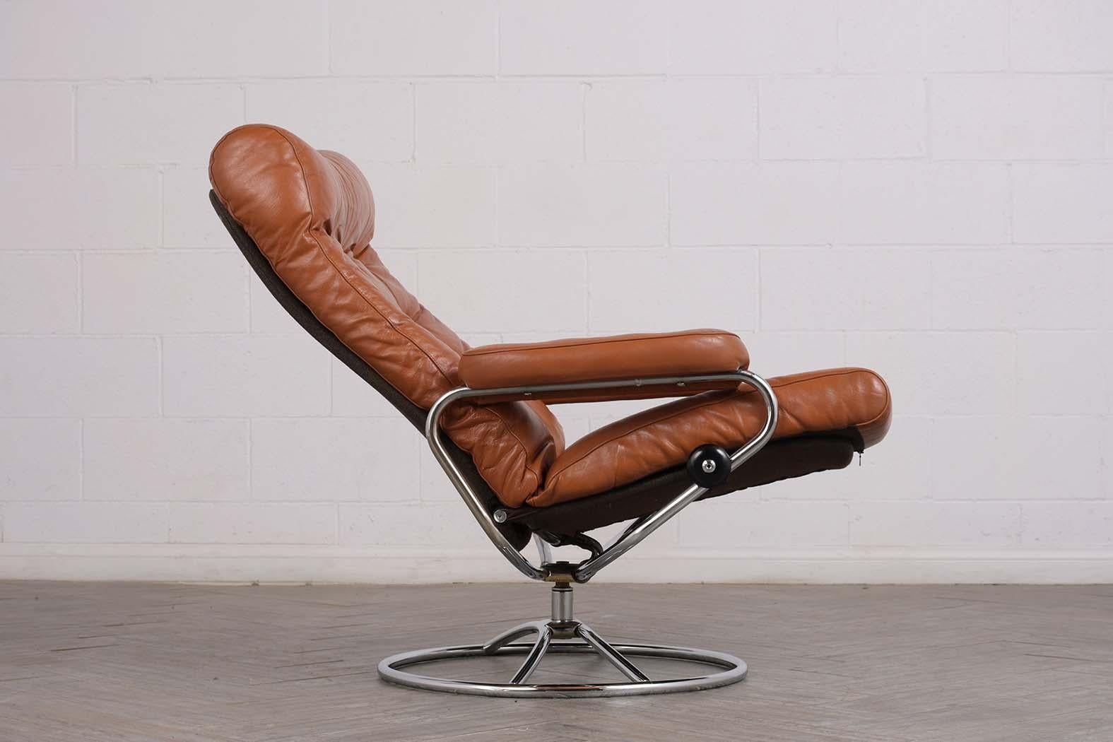 Pair of Scandinavian Leather Swivel Reclining Lounge Chairs 1