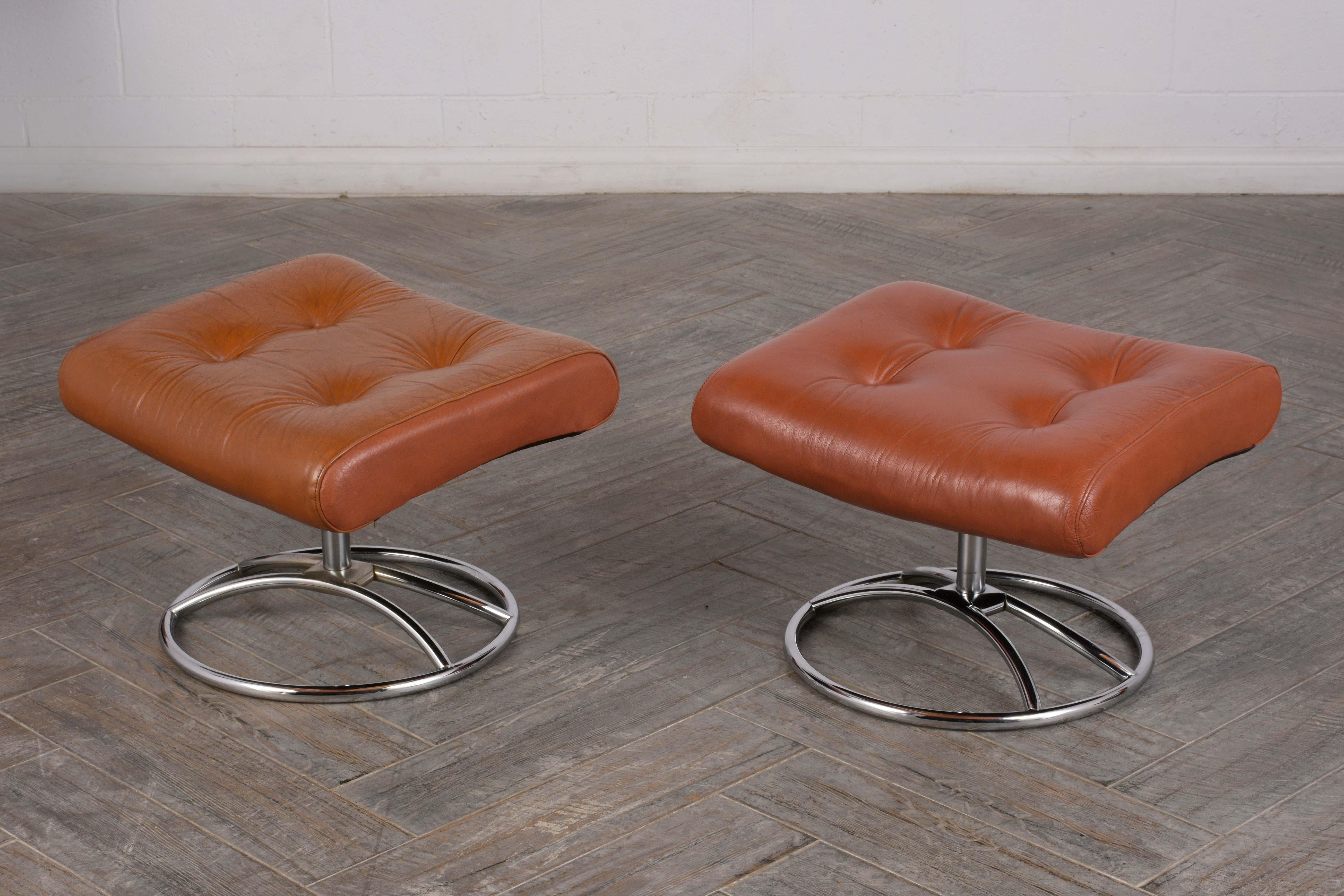 Pair of Scandinavian Leather Swivel Reclining Lounge Chairs 10
