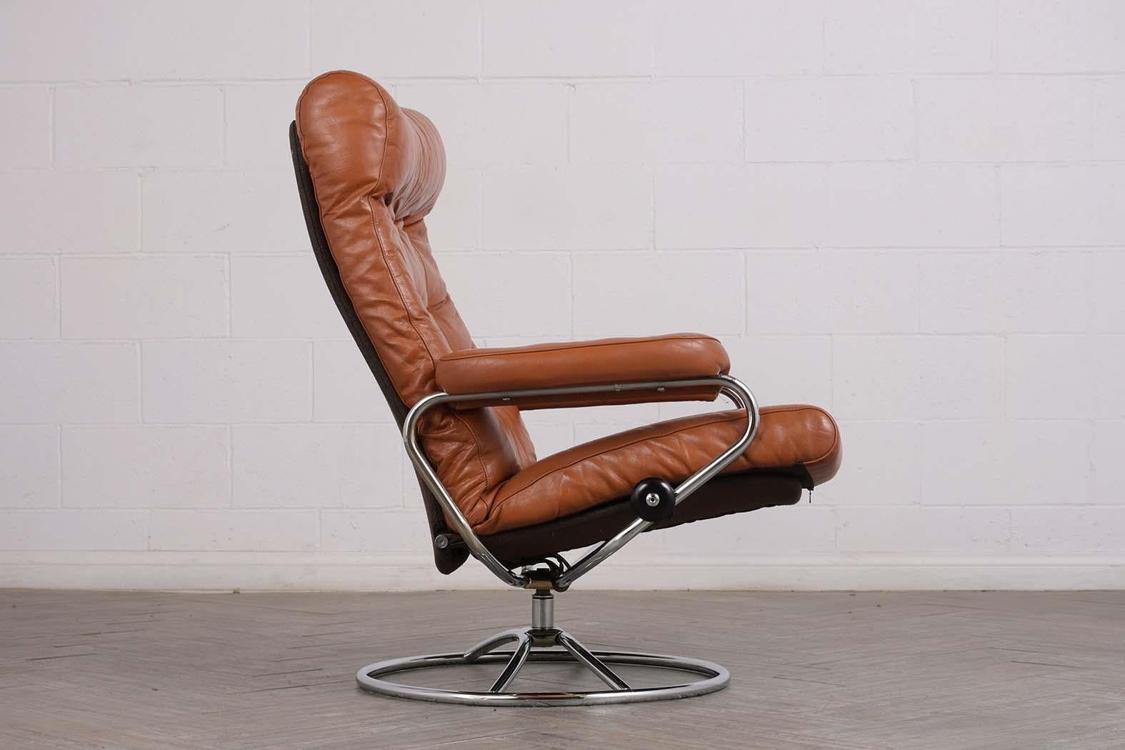 Wood Pair of Scandinavian Leather Swivel Reclining Lounge Chairs