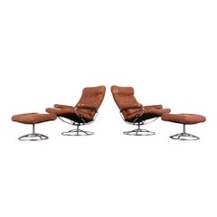 Vintage Pair of Scandinavian Leather Swivel Reclining Lounge Chairs