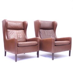 Pair of Scandinavian Leather Wingback Chairs, Attributed to Stouby, 1970s