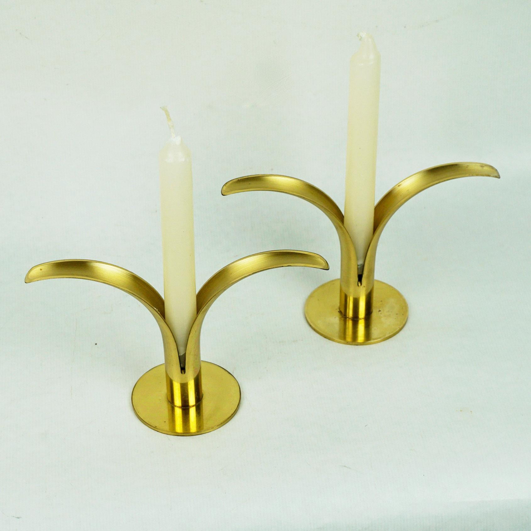 Charming pair of Liljan or Sweden Lily brass candleholders by Ivar Ålenius Björk, marked BELLI Malmö.