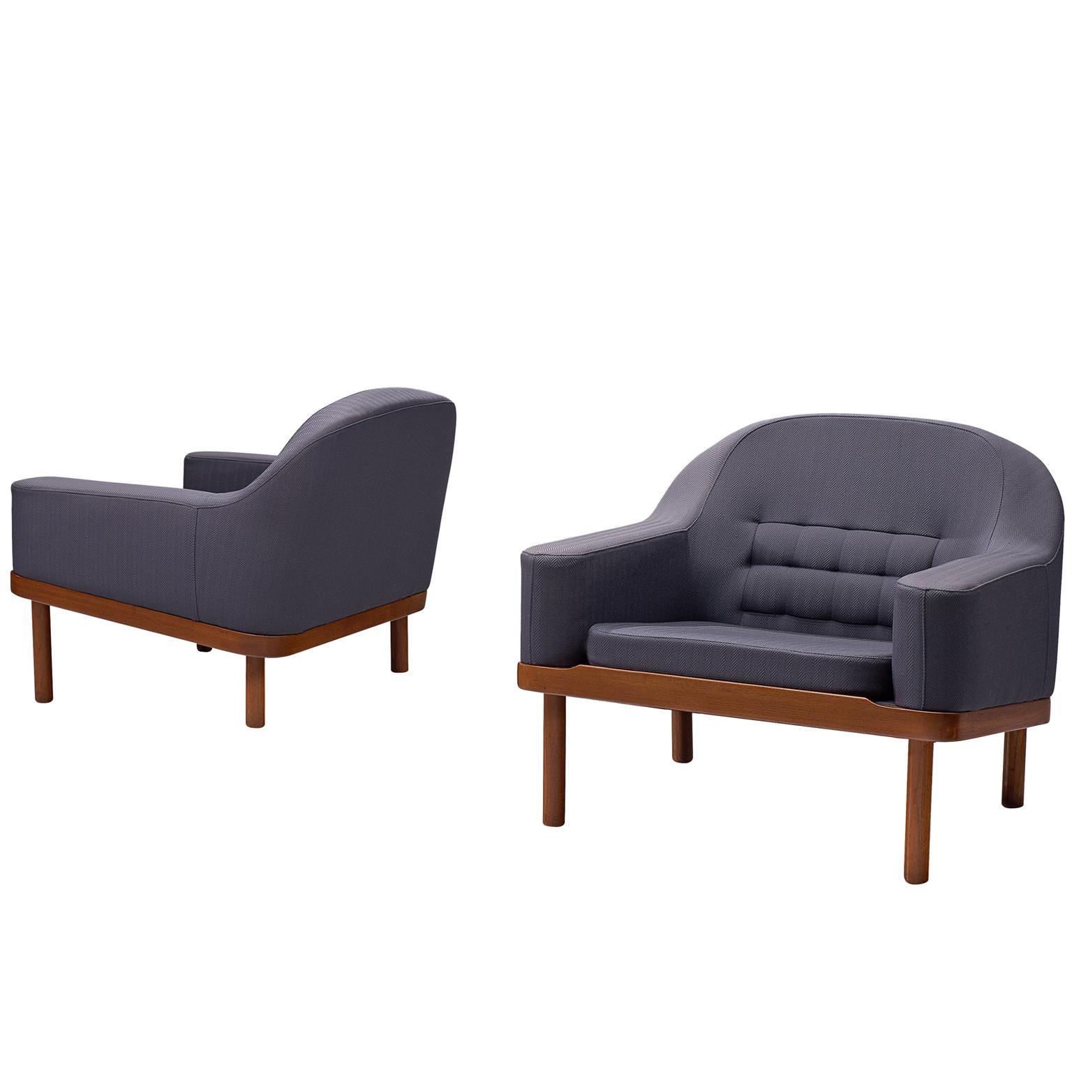 Pair of Scandinavian Lounge Chairs in Teak and Fabric Upholstery