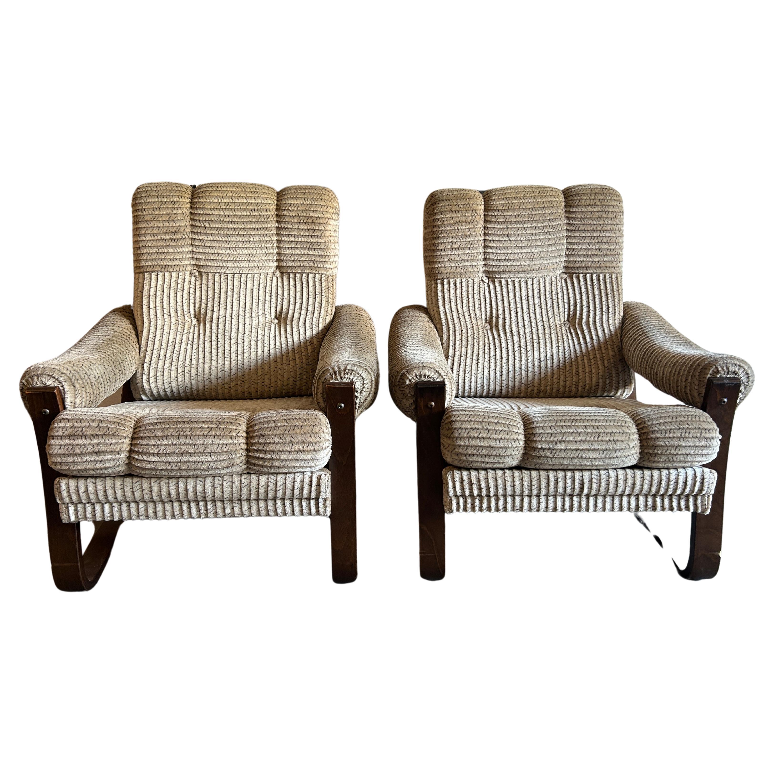 Pair of Scandinavian lounge chairs ribbed upholstery bentwood legs