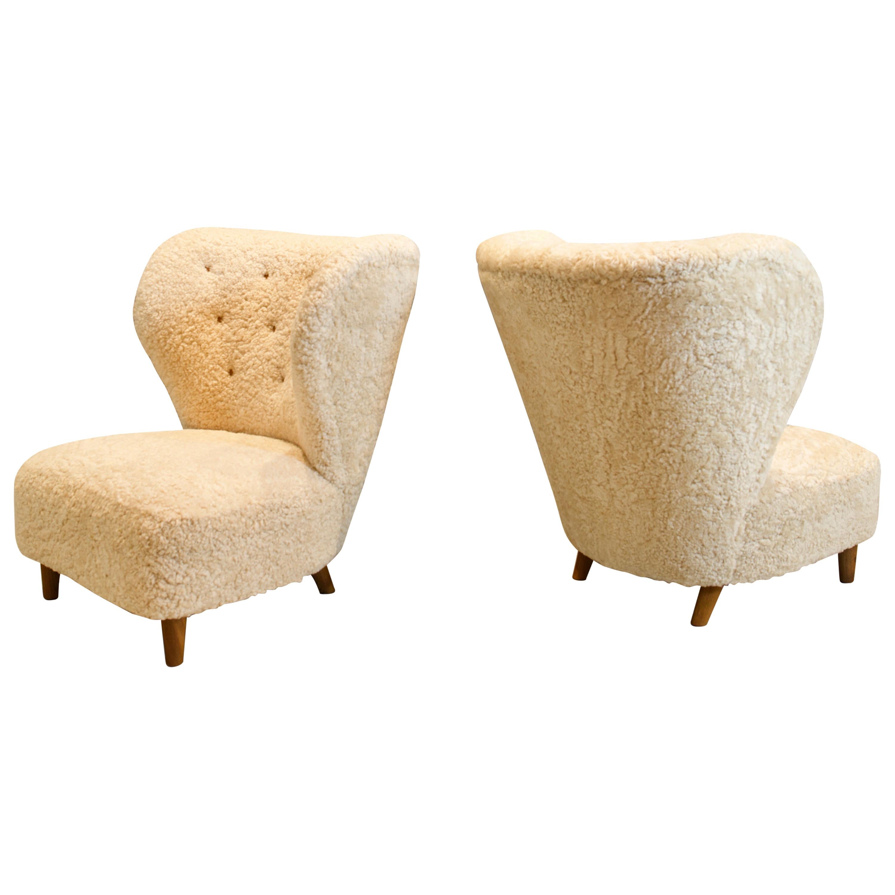 Pair of Scandinavian Low Chairs in Shearling, 1940s