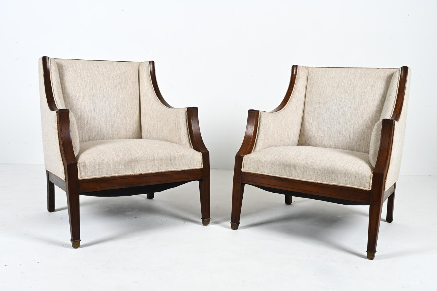 Mid-Century Modern Pair of Scandinavian Mahogany & Wool Armchairs in the Style of Frits Henningsen For Sale