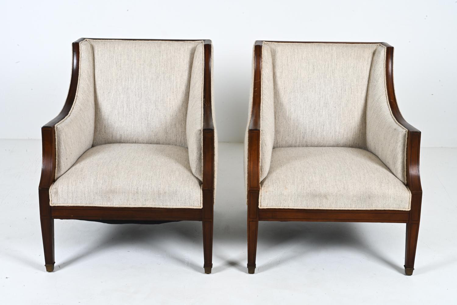 European Pair of Scandinavian Mahogany & Wool Armchairs in the Style of Frits Henningsen For Sale