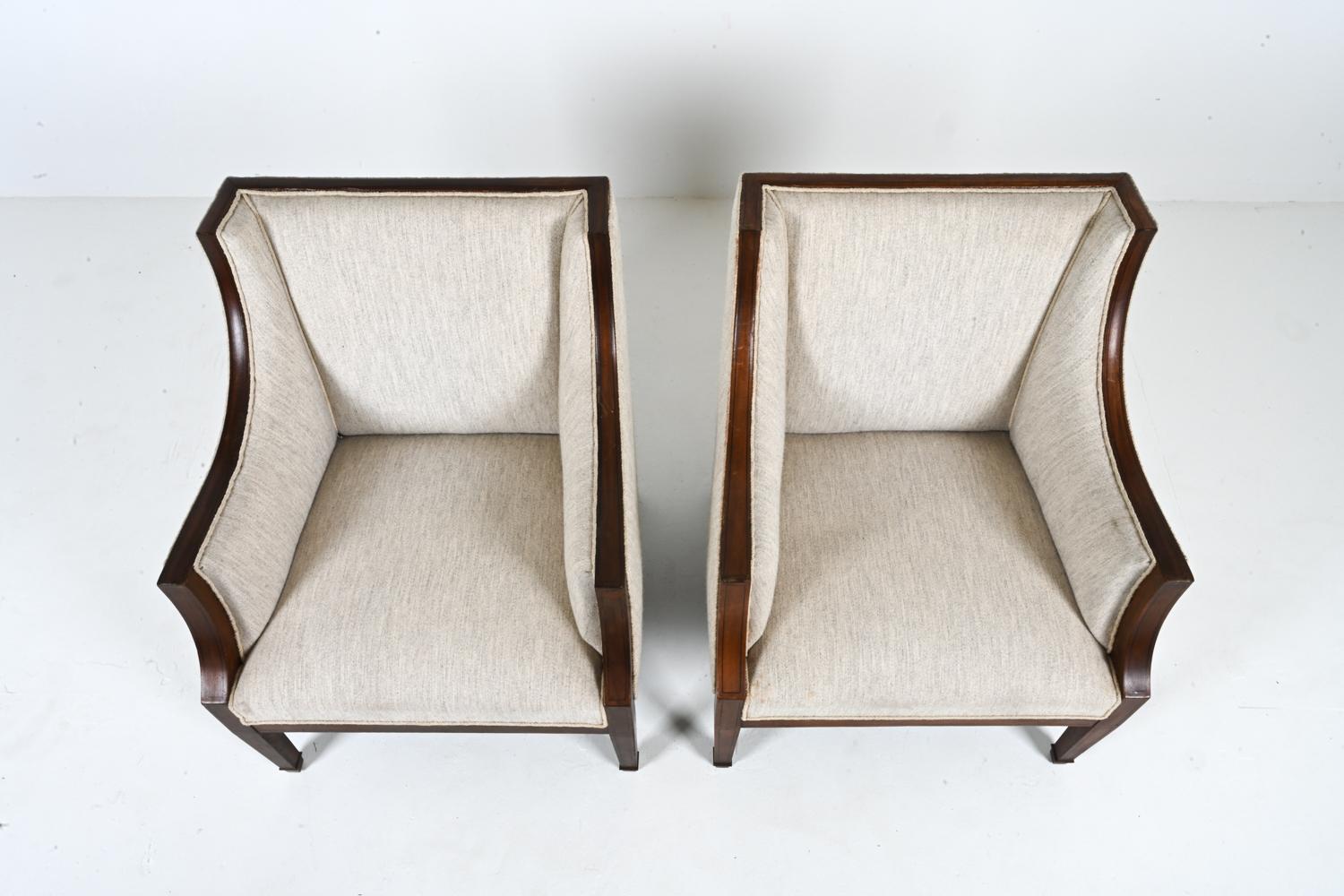 20th Century Pair of Scandinavian Mahogany & Wool Armchairs in the Style of Frits Henningsen For Sale