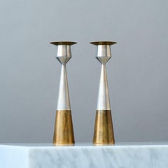 Pair of Scandinavian Mid-Century Brass & Aluminium Candlesticks. Denmark, 1960s.
