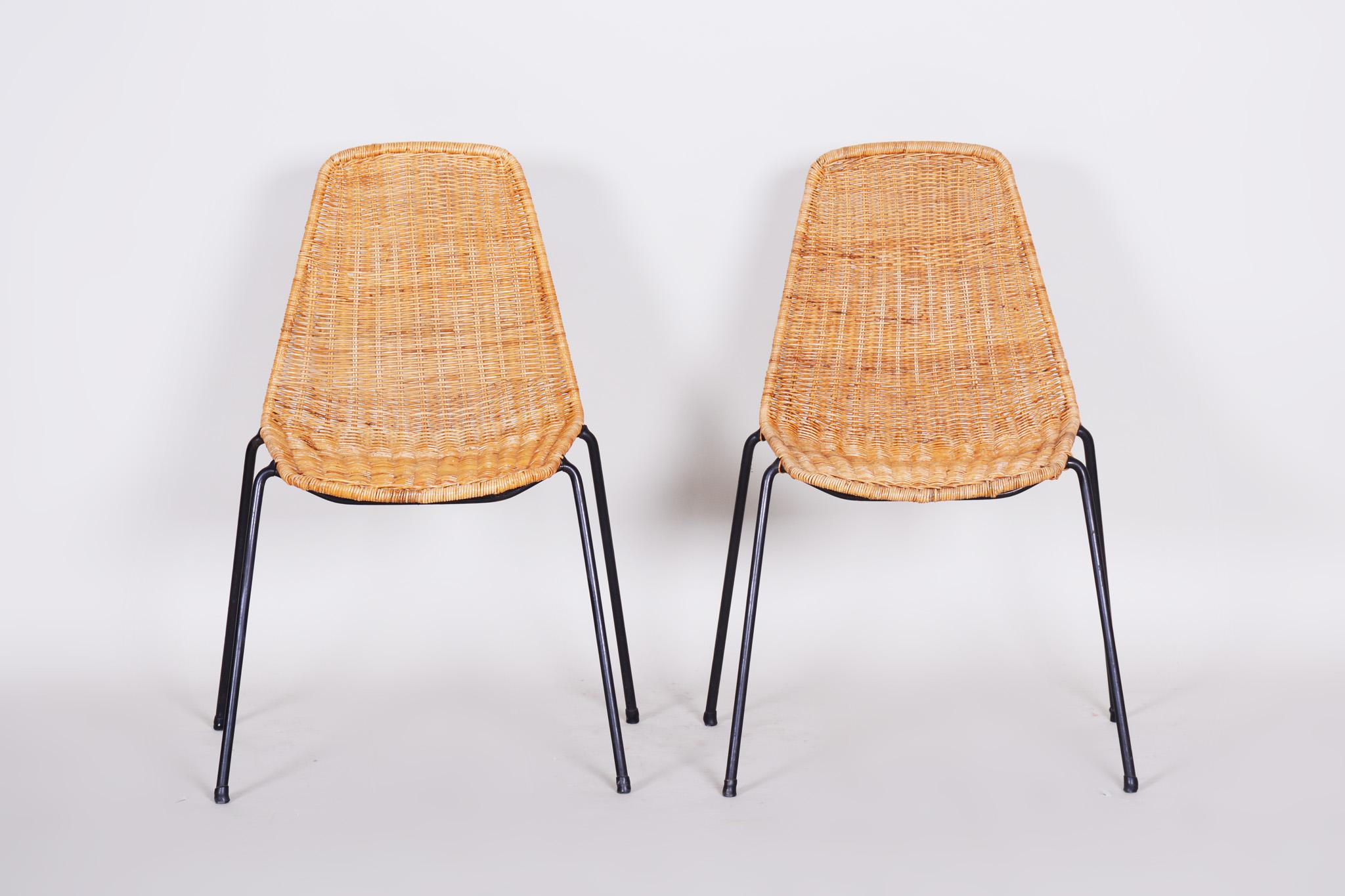 Mid-Century Modern Pair of Scandinavian Midcentury Chairs, 1960s, Rattan-Metal, Original Condition