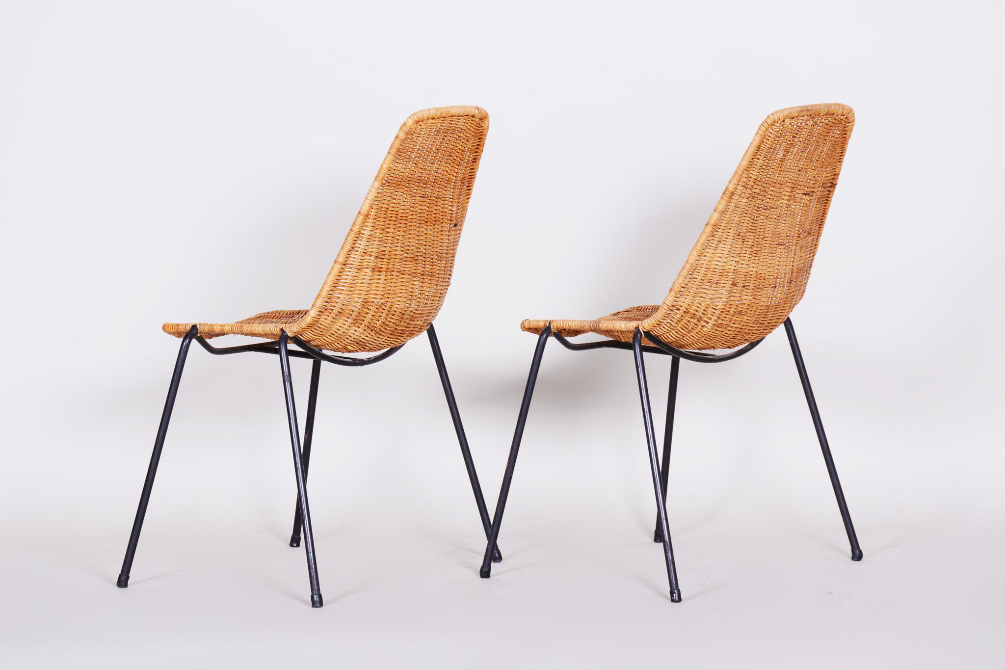 20th Century Pair of Scandinavian Midcentury Chairs, 1960s, Rattan-Metal, Original Condition
