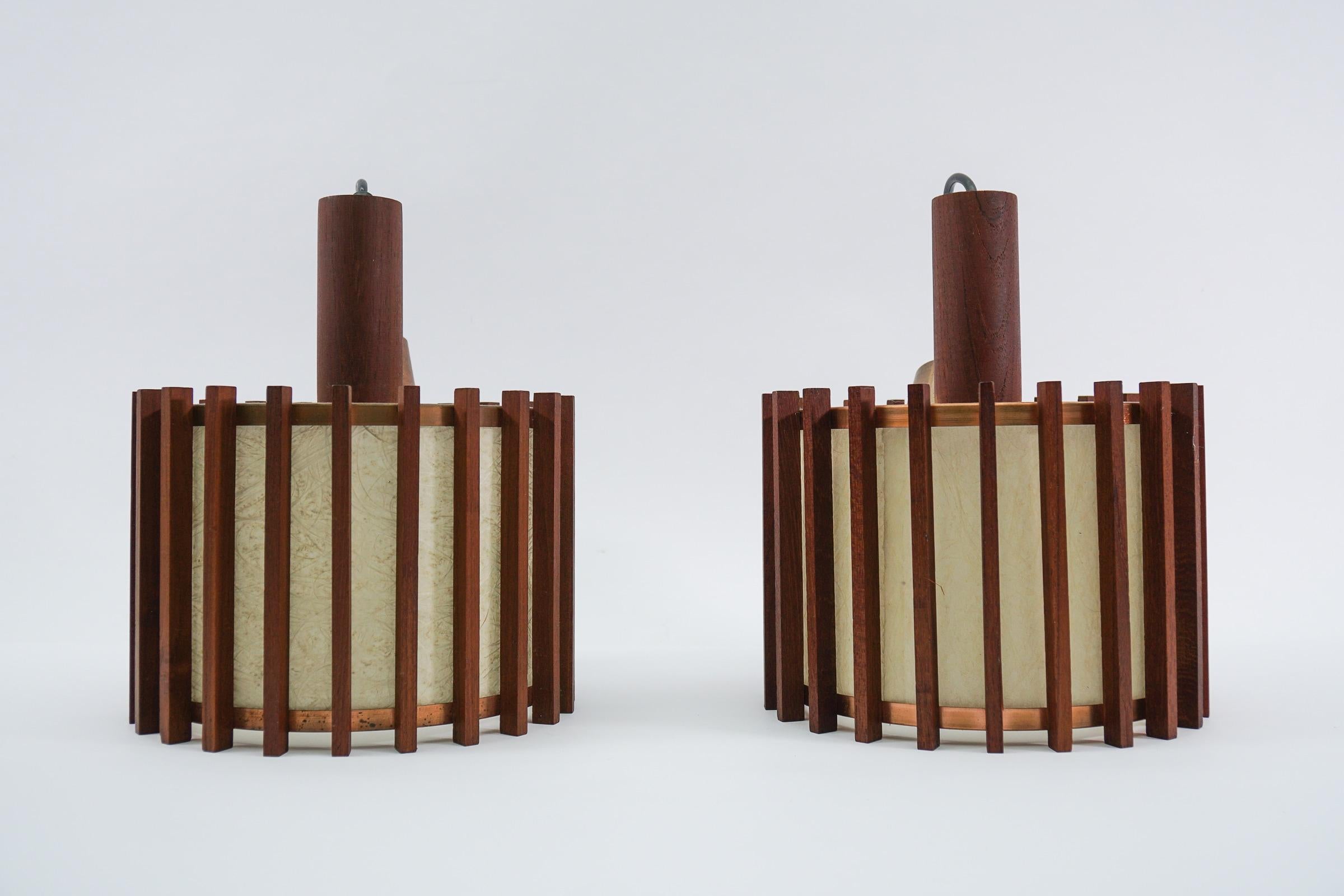 Pair of Scandinavian Mid-Century Modern Ceiling Lamps in Teak Wood and Copper For Sale 8