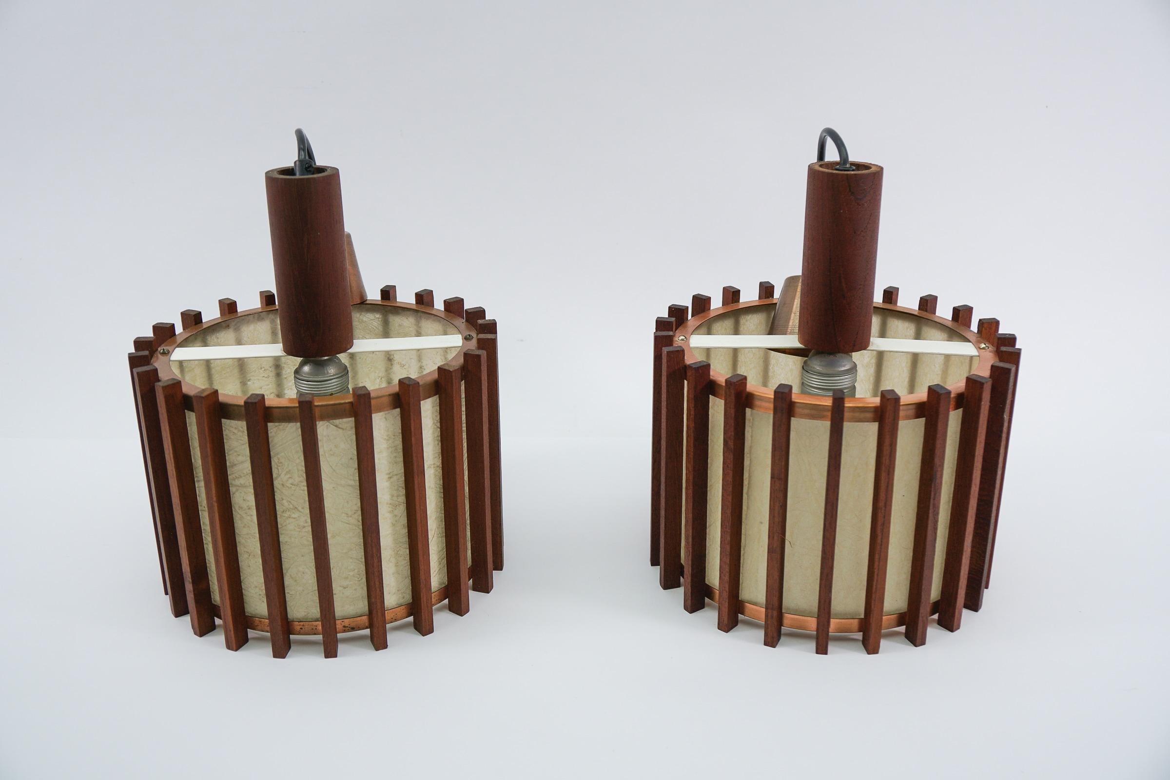 Pair of Scandinavian Mid-Century Modern Ceiling Lamps in Teak Wood and Copper For Sale 9