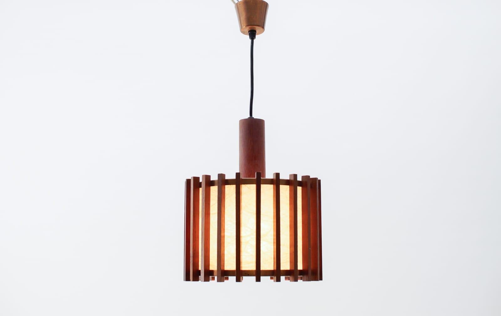 Scandinavian Modern Pair of Scandinavian Mid-Century Modern Ceiling Lamps in Teak Wood and Copper For Sale