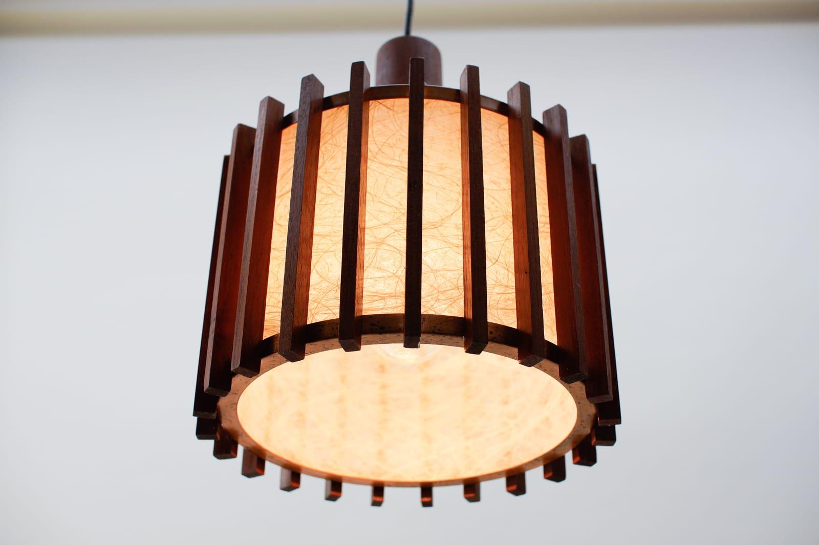 Mid-20th Century Pair of Scandinavian Mid-Century Modern Ceiling Lamps in Teak Wood and Copper For Sale