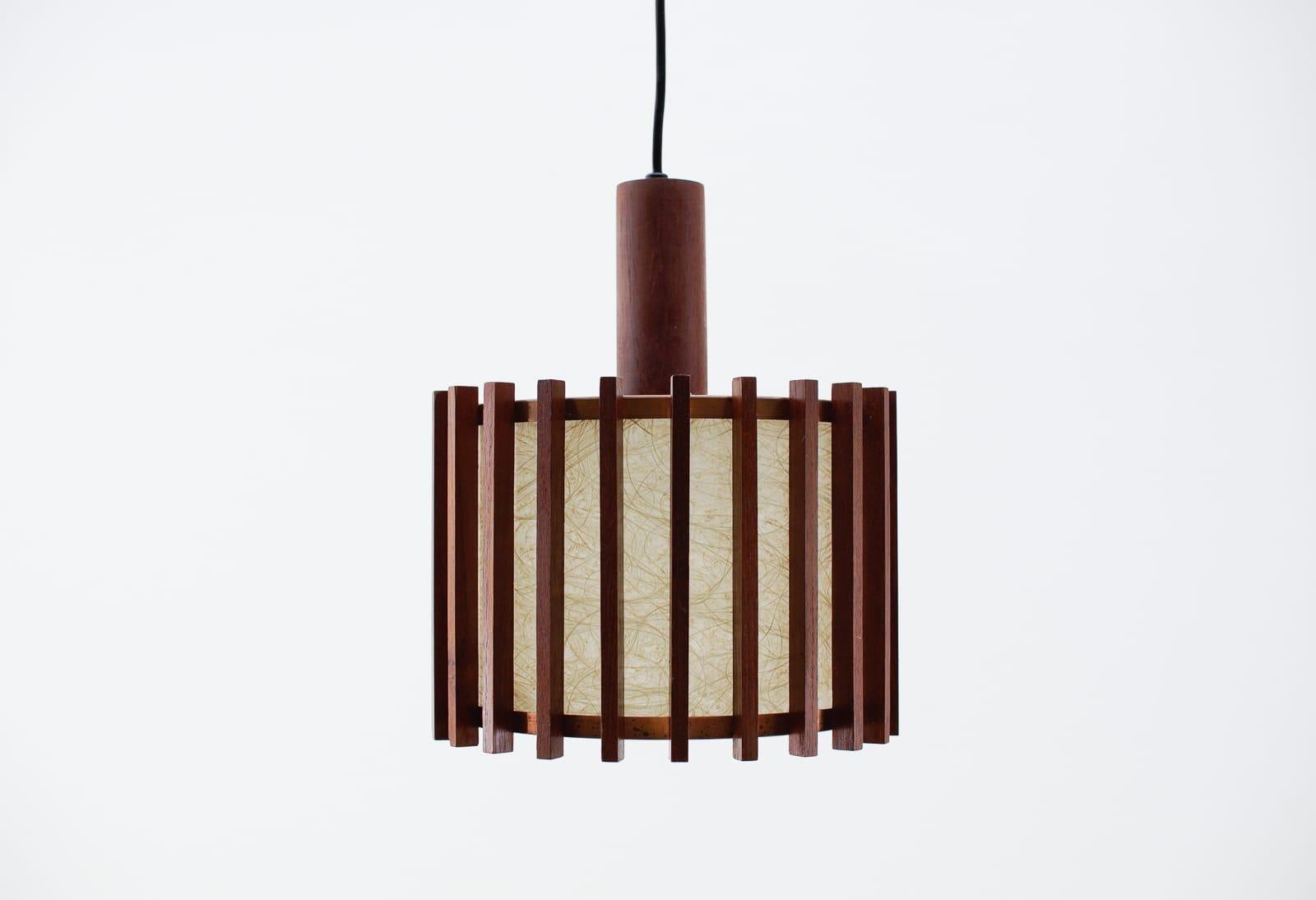 Metal Pair of Scandinavian Mid-Century Modern Ceiling Lamps in Teak Wood and Copper For Sale